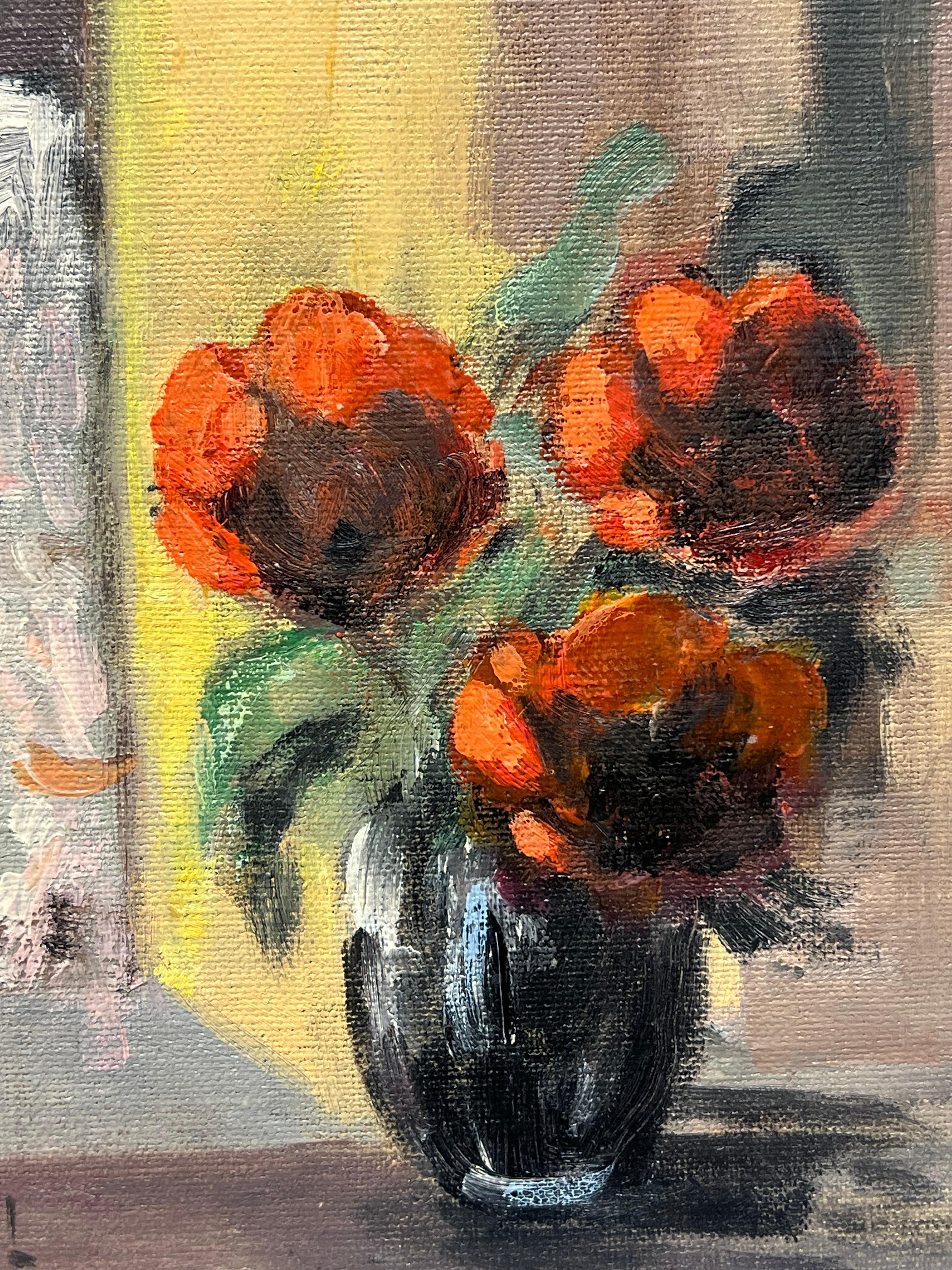 Cozy Still-Life of Red Peonies in Black Vase by a Sunlit Window French Oil - Gray Interior Painting by Fanch Lel