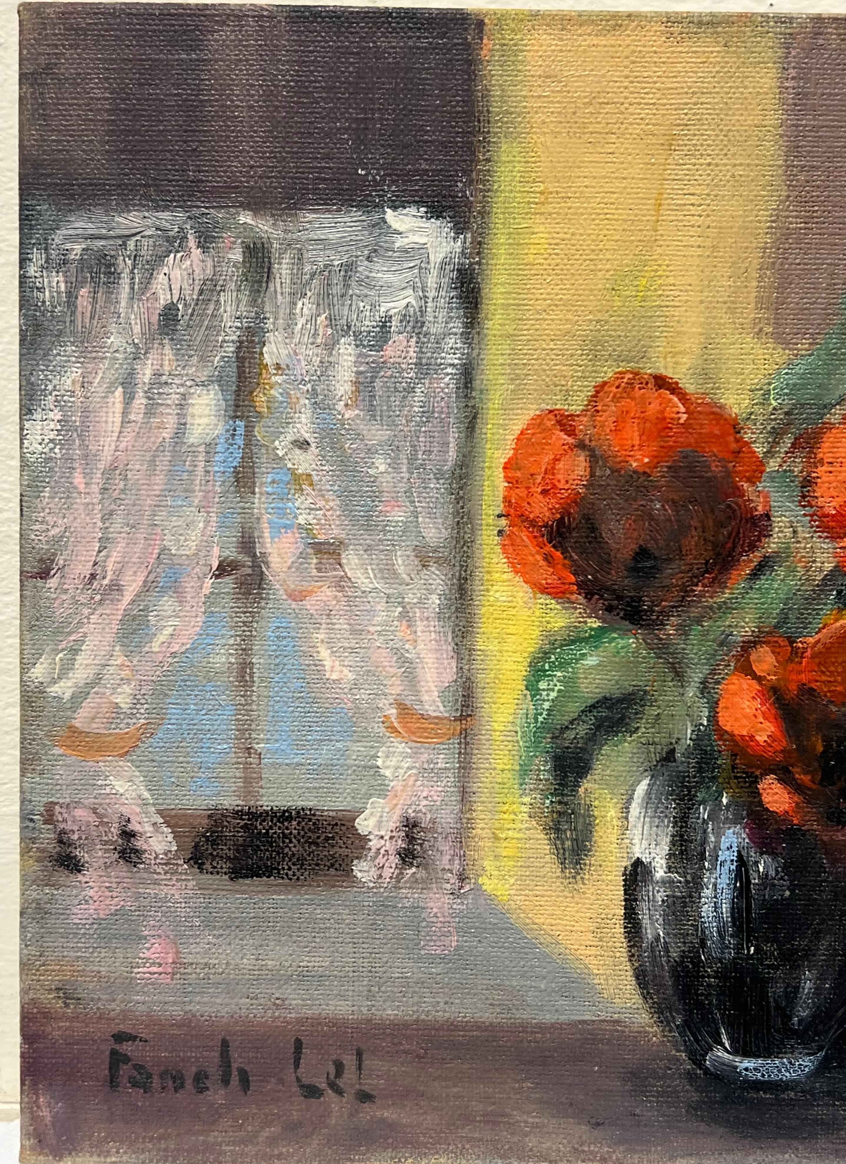 Peonies Still Life
signed by Fanch Lel (French b. 1930)
size: 8 x 8 inches
oil painting on board, unframed
condition: the painting is in very good condition. It has previously been stored in the artists studio. 

Provenance: all the paintings we