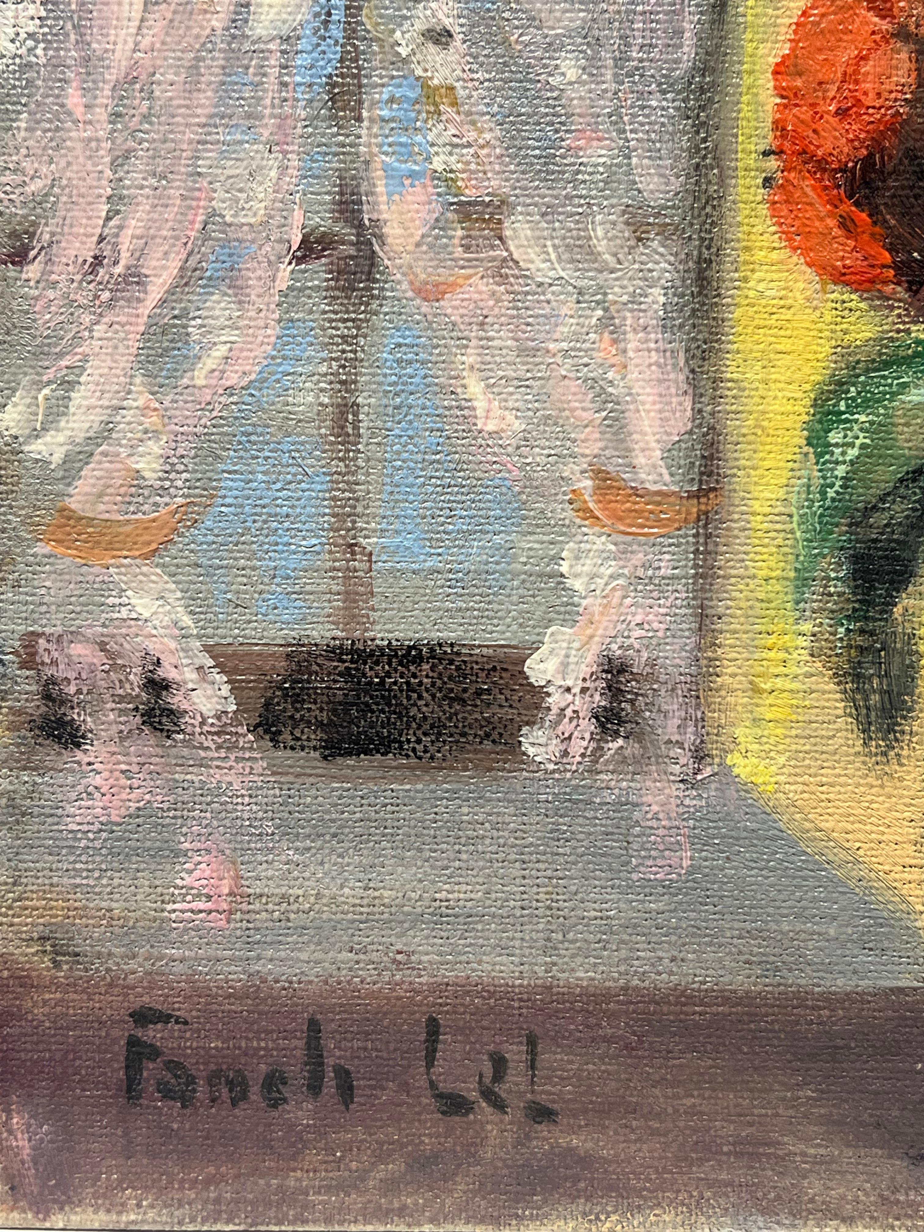 Cozy Still-Life of Red Peonies in Black Vase by a Sunlit Window French Oil For Sale 2