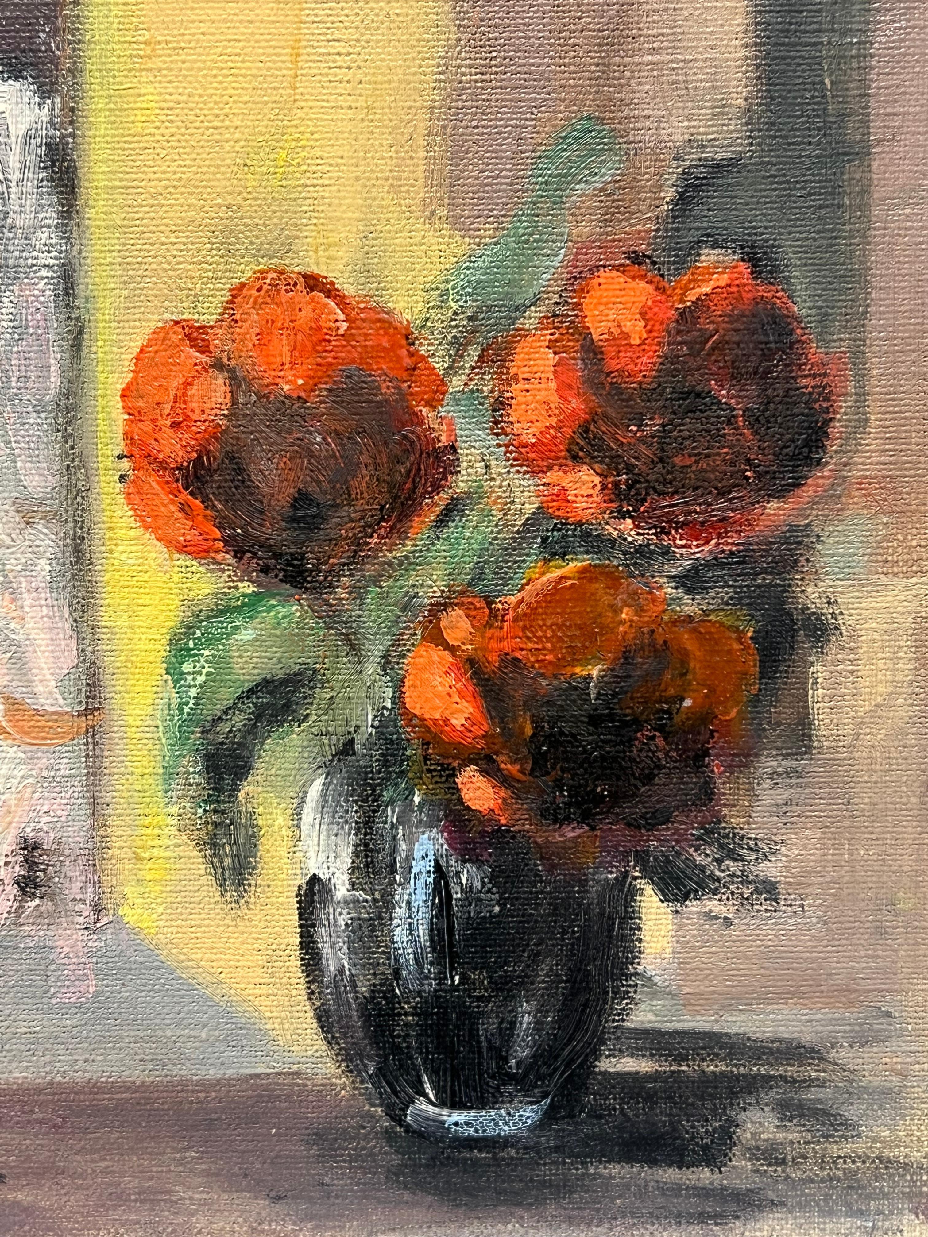 Cozy Still-Life of Red Peonies in Black Vase by a Sunlit Window French Oil For Sale 3