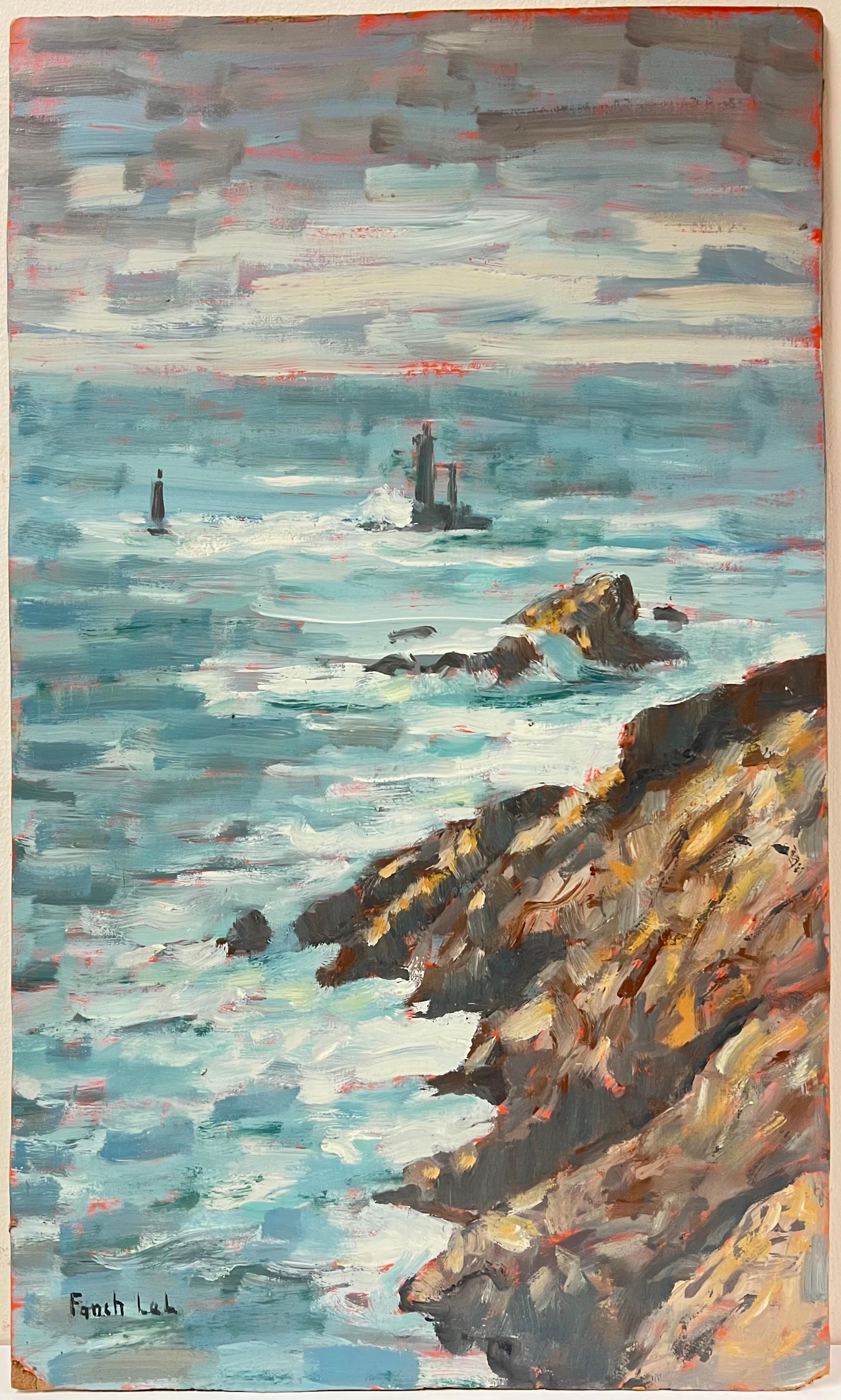 Crashing Waves and Rocky Shoreline Coastal Landscape La Vielle Brittany France - Painting by Fanch Lel