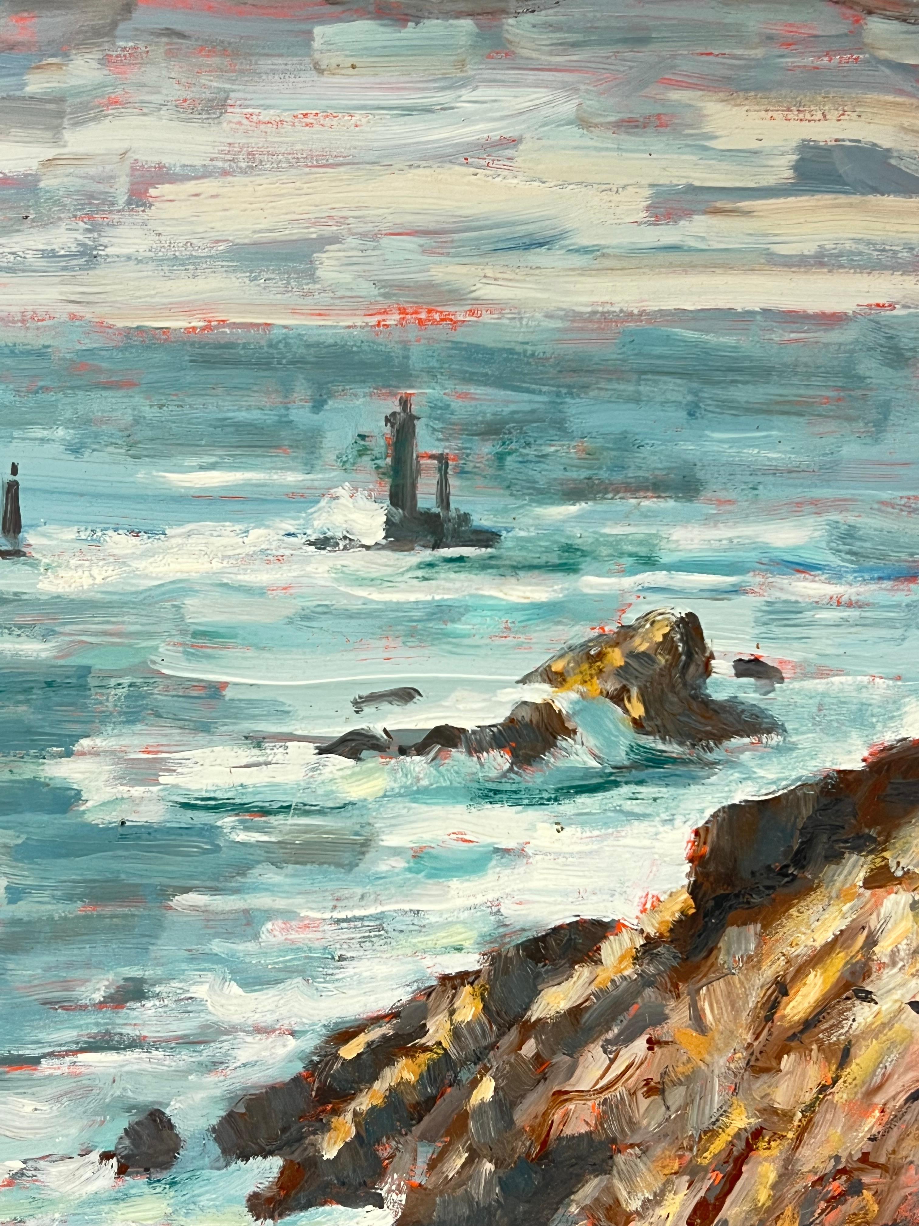 Crashing Waves and Rocky Shoreline Coastal Landscape La Vielle Brittany France - Impressionist Painting by Fanch Lel
