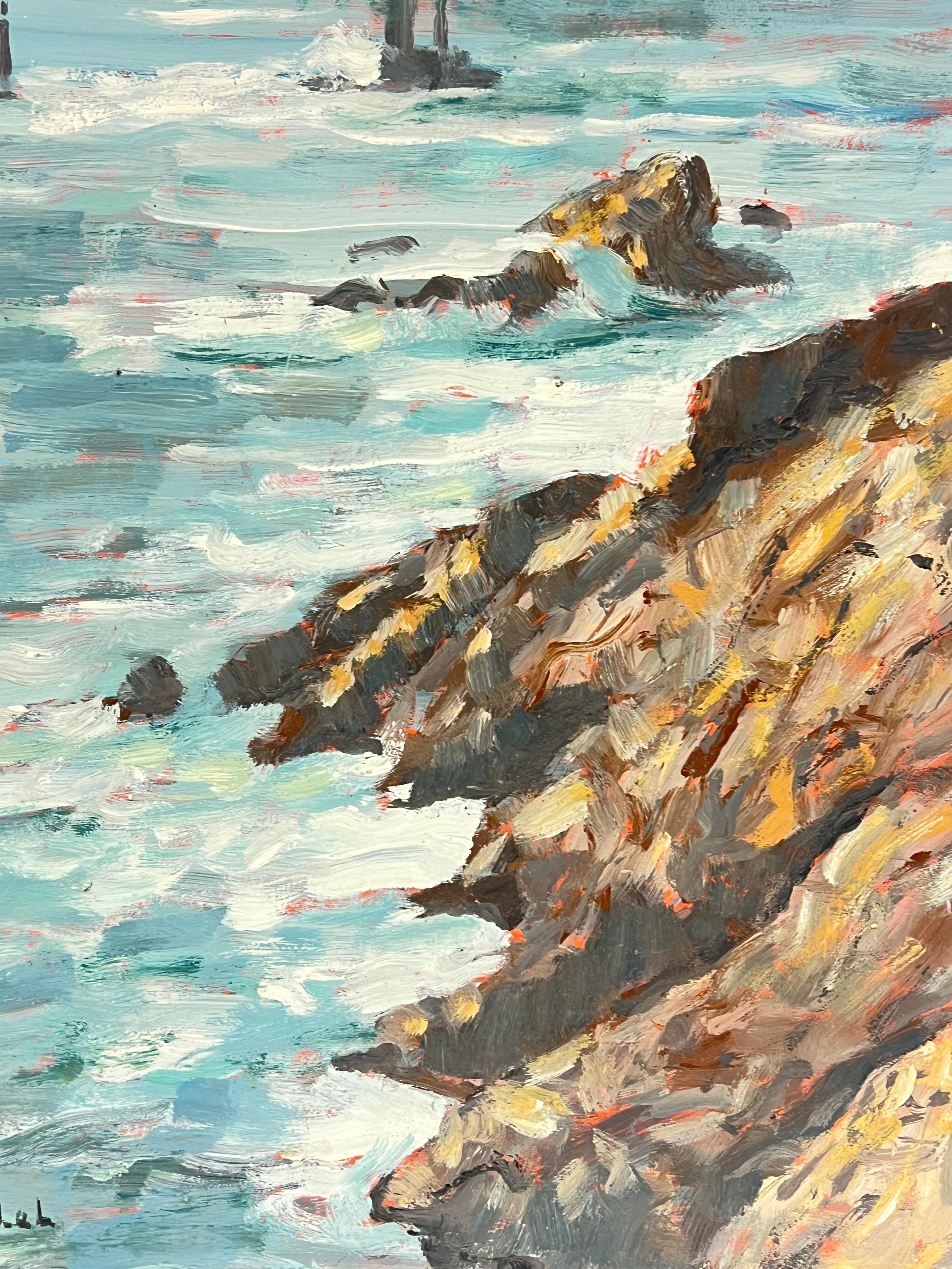 Crashing Waves and Rocky Shoreline Coastal Landscape La Vielle Brittany France - Black Landscape Painting by Fanch Lel
