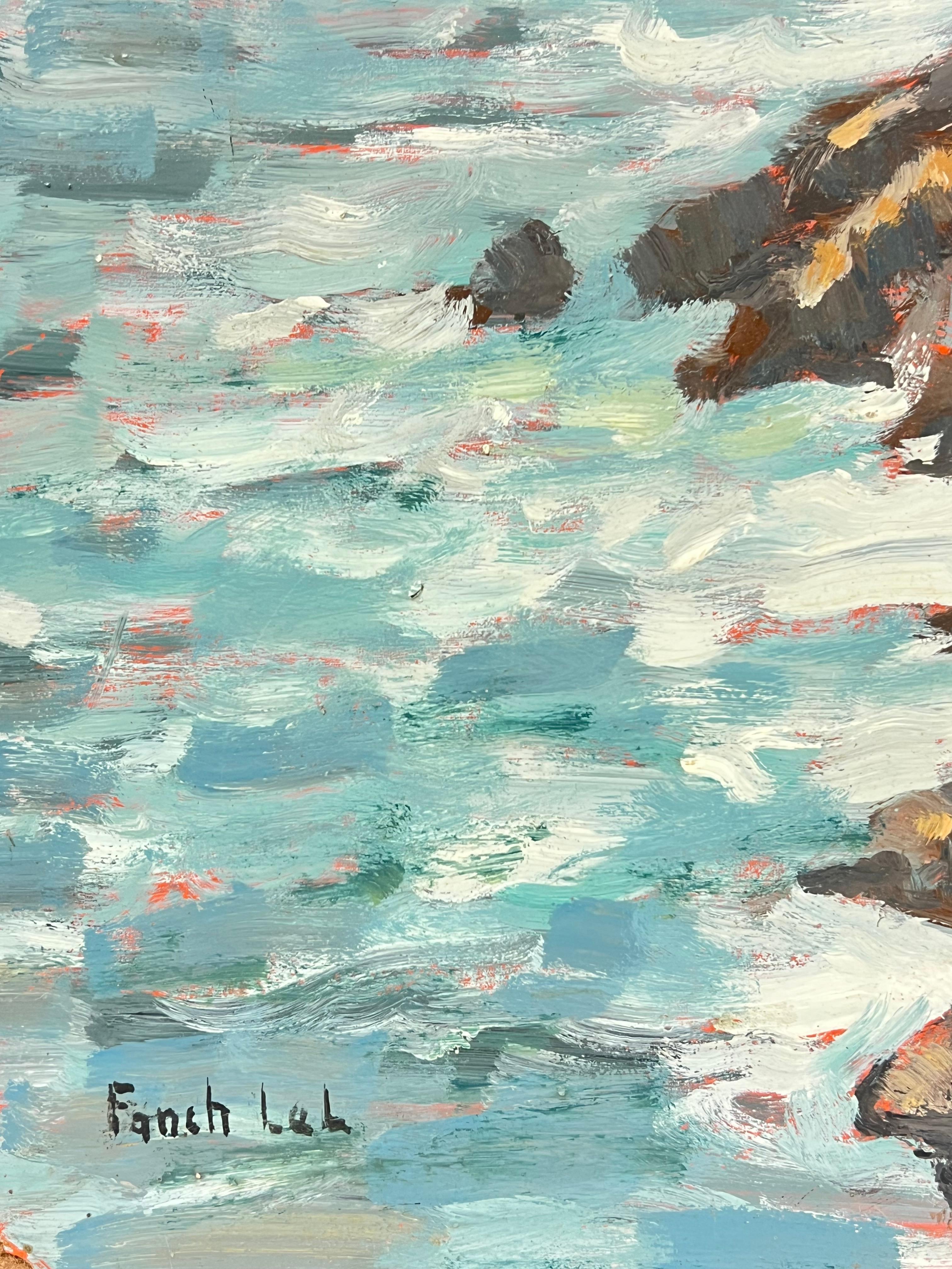 Coastal Landscape
signed by Fanch Lel (French b. 1930)
size: 22.5 x 13 inches
oil painting on board, unframed
inscribed verso
condition: the painting is in very good condition. It has previously been stored in the artists studio. 
Provenance: all