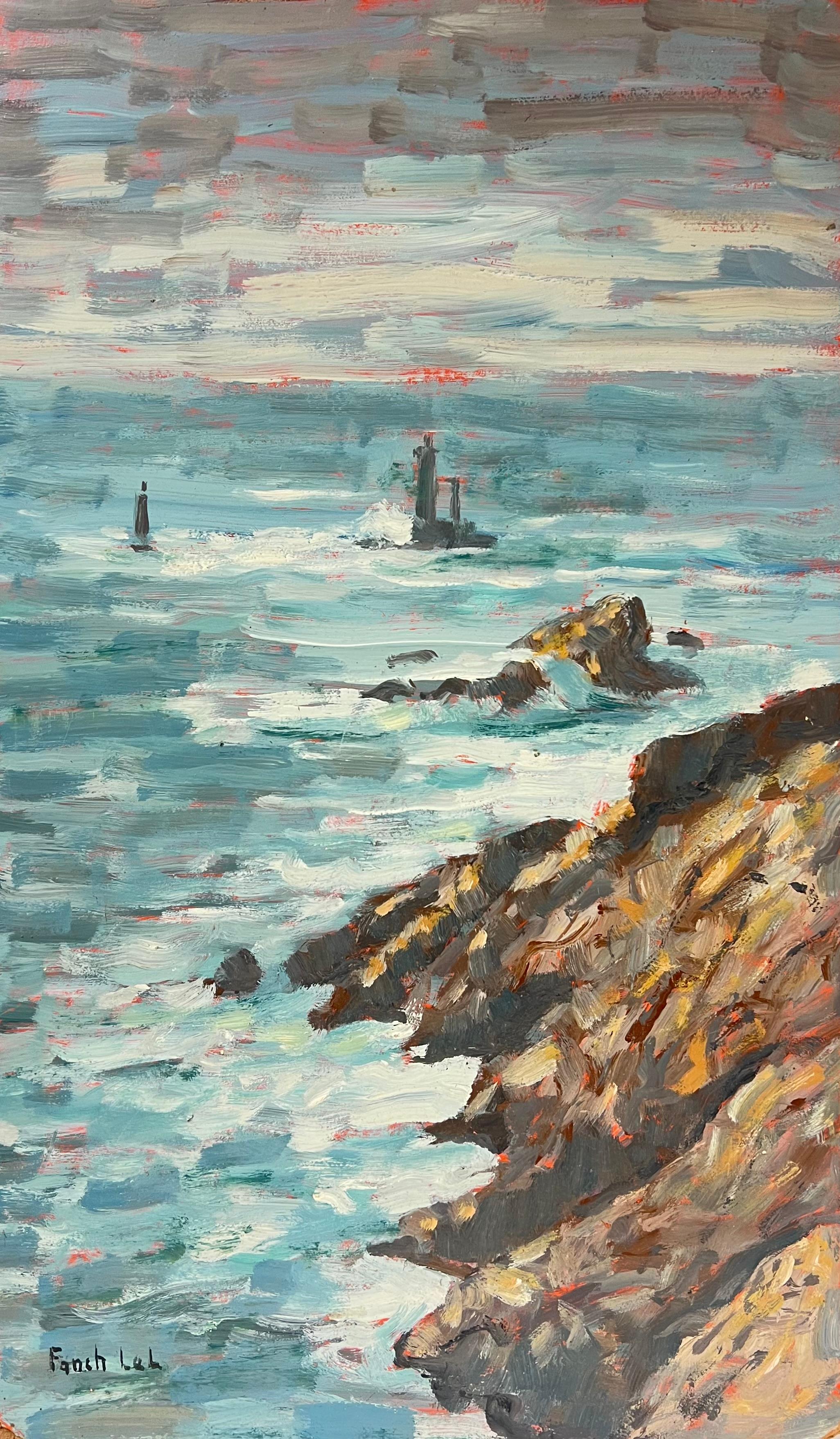 Fanch Lel Landscape Painting - Crashing Waves and Rocky Shoreline Coastal Landscape La Vielle Brittany France