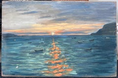 Tramonto arancione punteggiato sulla barca luminosa Mare blu Paesaggio francese pittura ad olio