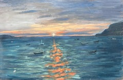 Coucher de soleil orange pommelé sur le bateau lumineux Mer bleue Paysage français Peinture à l'huile