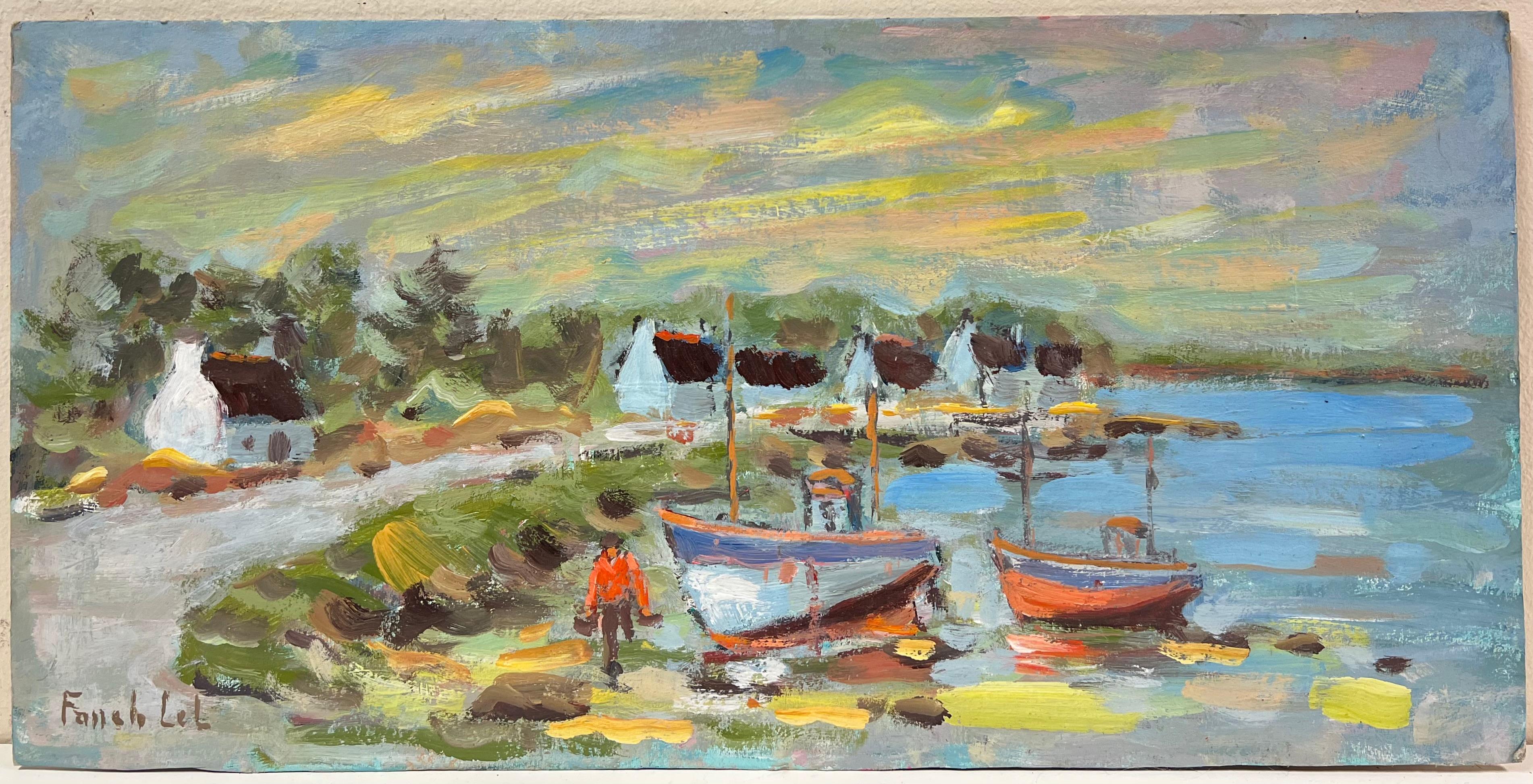 Dappled Sunset Over Fischer, der aus dem Fischen zurückkehrt, in der Bretagne, Küstensszene – Painting von Fanch Lel