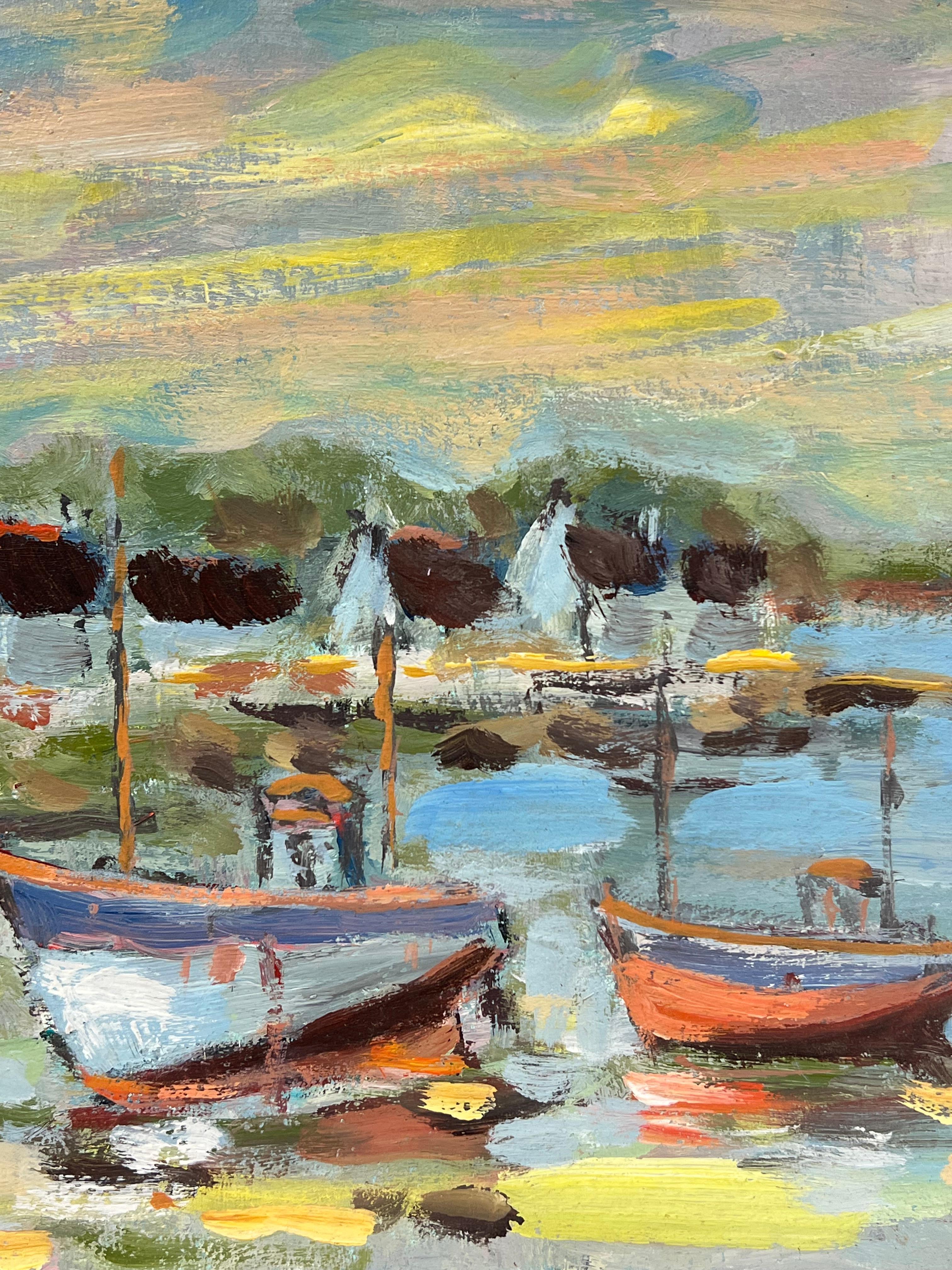 Dappled Sunset Over Fischer, der aus dem Fischen zurückkehrt, in der Bretagne, Küstensszene (Impressionismus), Painting, von Fanch Lel