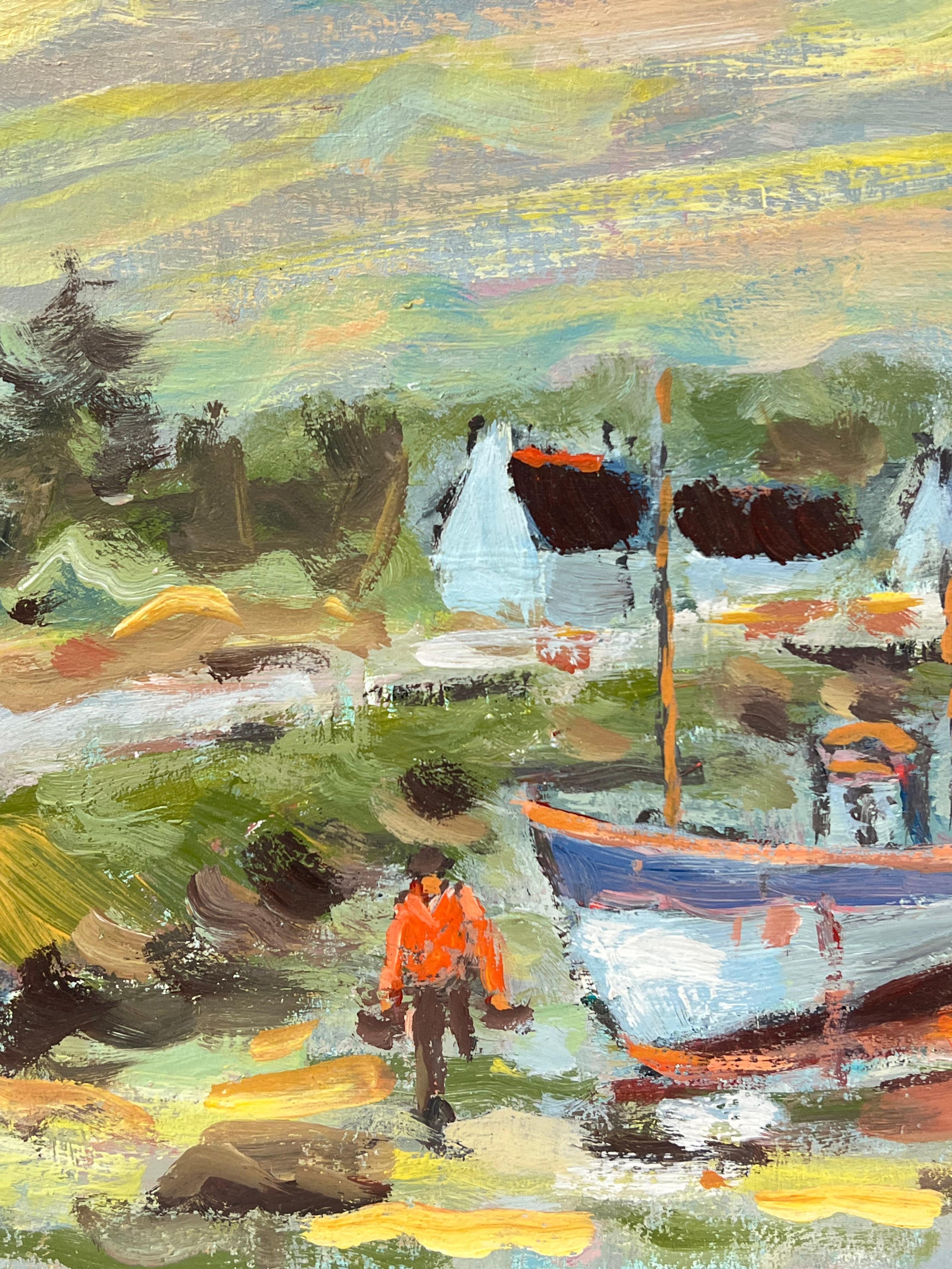 Dappled Sunset Over Fischer, der aus dem Fischen zurückkehrt, in der Bretagne, Küstensszene (Grau), Figurative Painting, von Fanch Lel