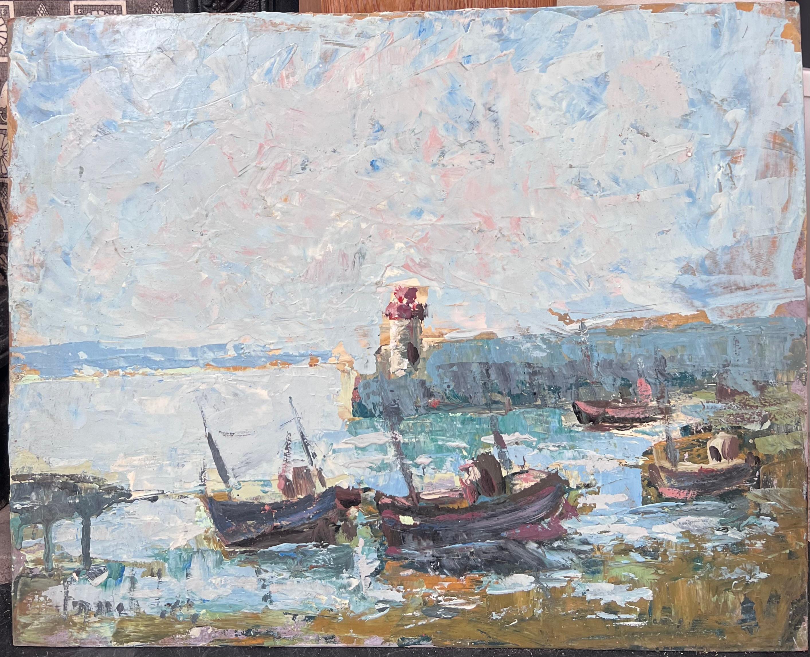 Docked Boats At The Lighthouse Lit Harbour French Landscape Oil Painting - Gray Landscape Painting by Fanch Lel