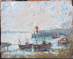 Docked Boats At The Lighthouse Lit Harbour French Landscape Oil Painting
