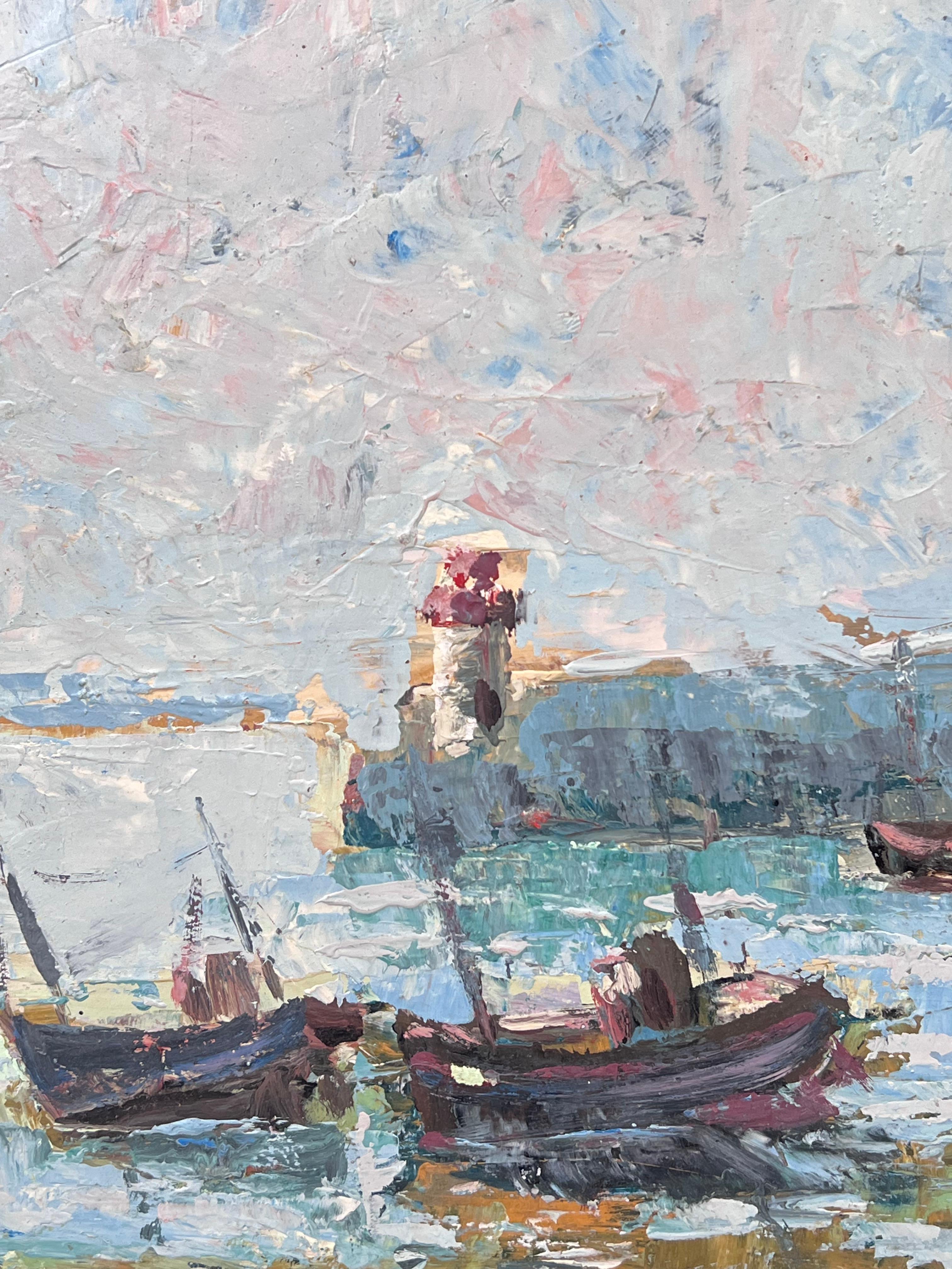 Docked Boats At The Lighthouse Lit Harbour French Landscape Oil Painting For Sale 2
