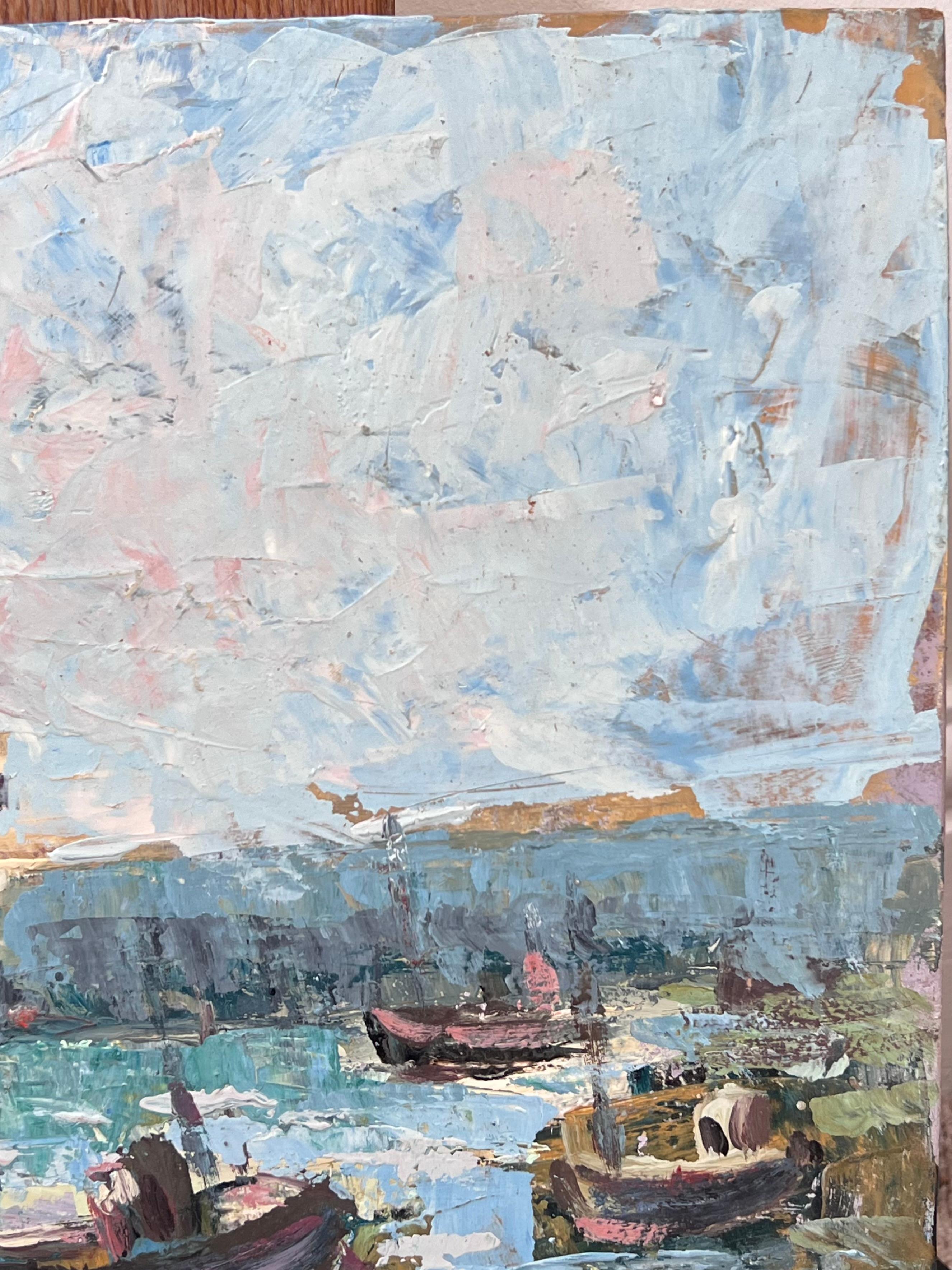 Docked Boats At The Lighthouse Lit Harbour French Landscape Oil Painting For Sale 3