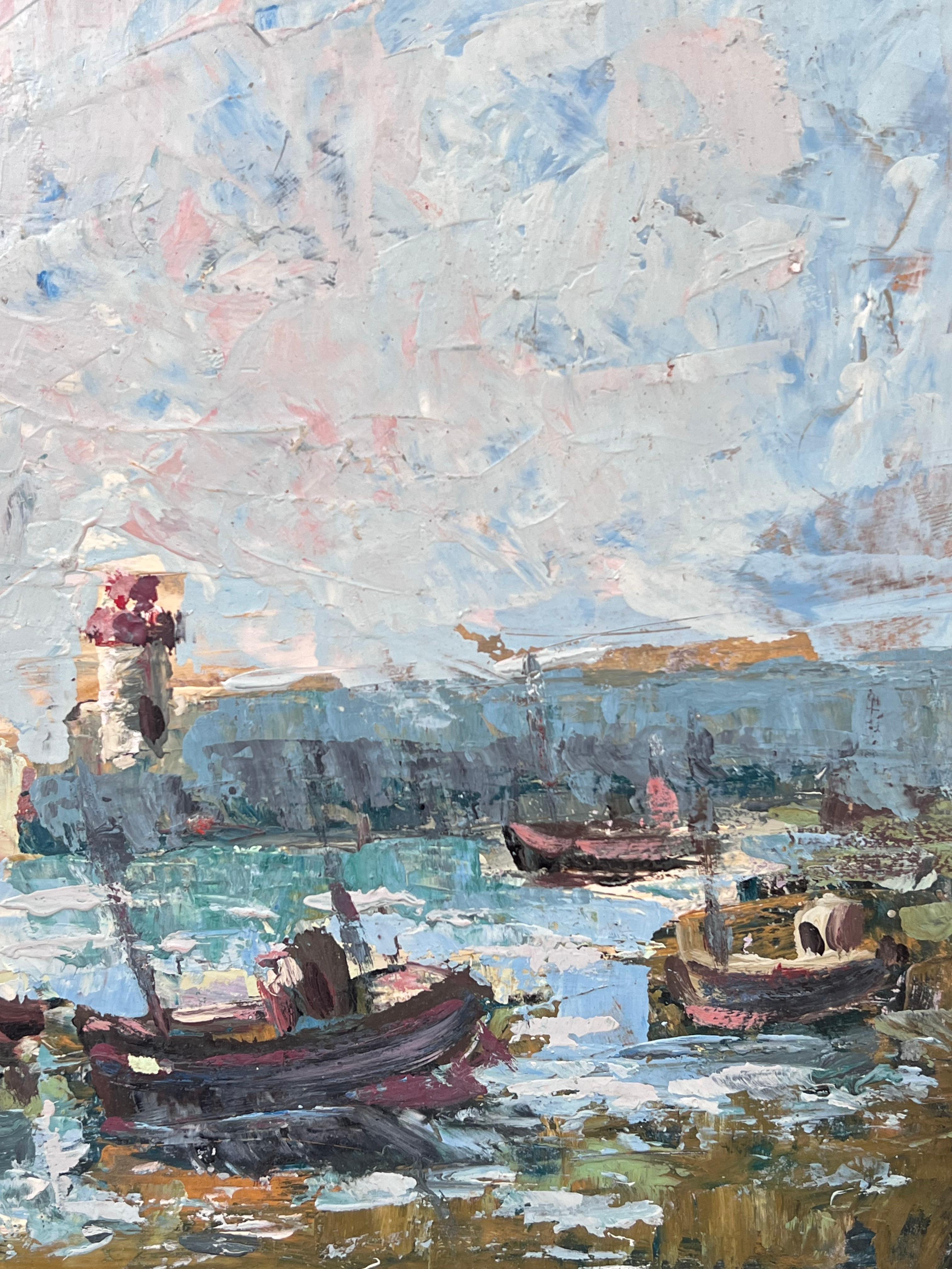 Docked Boats At The Lighthouse Lit Harbour French Landscape Oil Painting For Sale 4