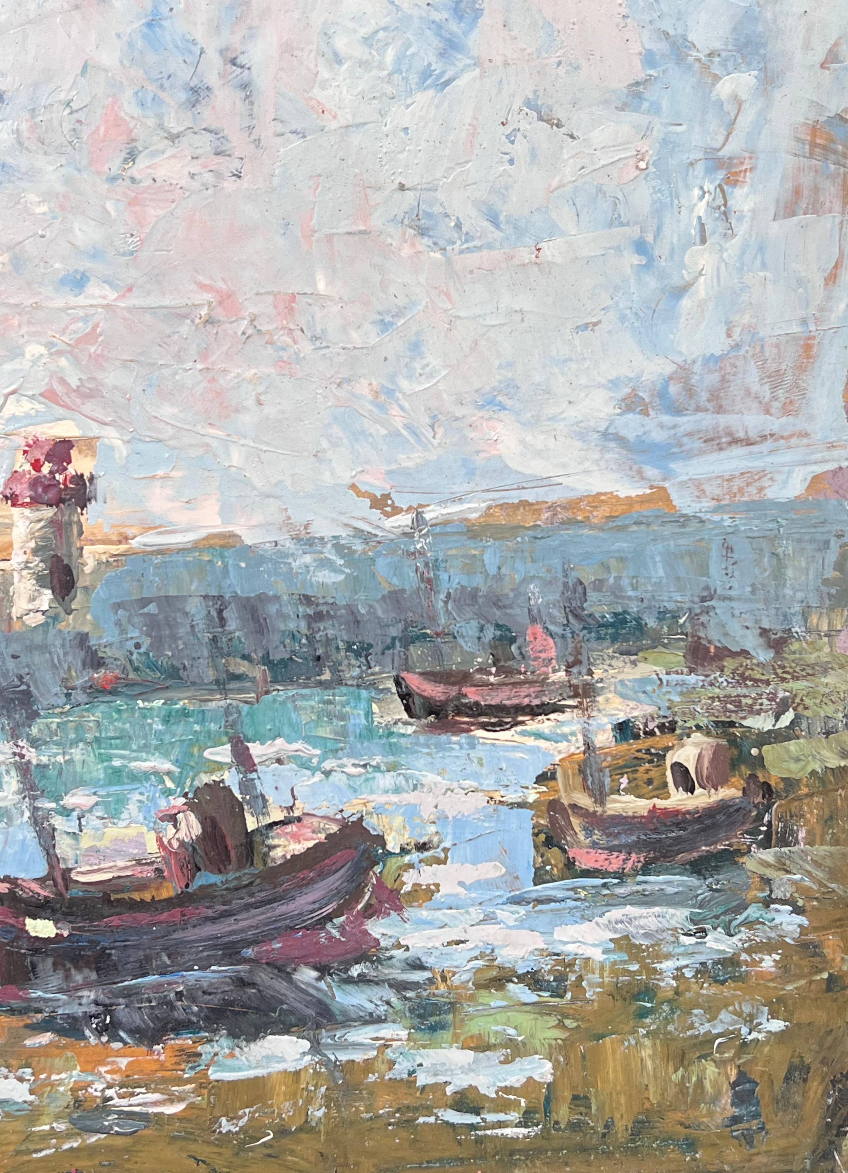 Docked Boats At The Lighthouse Lit Harbour French Landscape Oil Painting For Sale 5