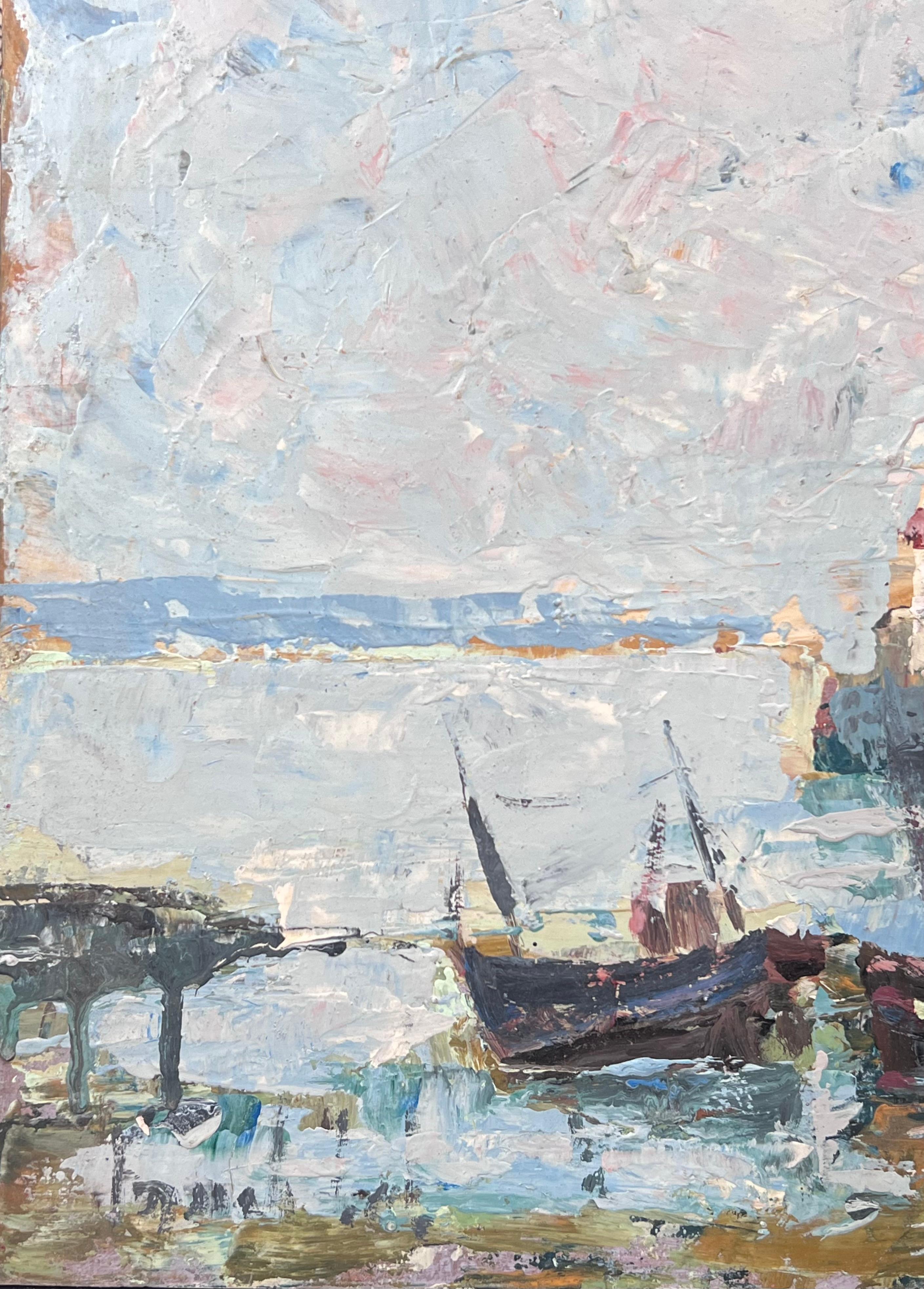 Docked Boats At The Lighthouse Lit Harbour French Landscape Oil Painting For Sale 6