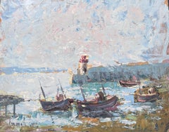 Docked Boats At The Lighthouse Lit Harbour French Landscape Oil Painting