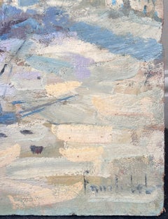 Angedockte Boote in einem sandigen Hafen Sonnenuntergang Strand Französisch Ölgemälde