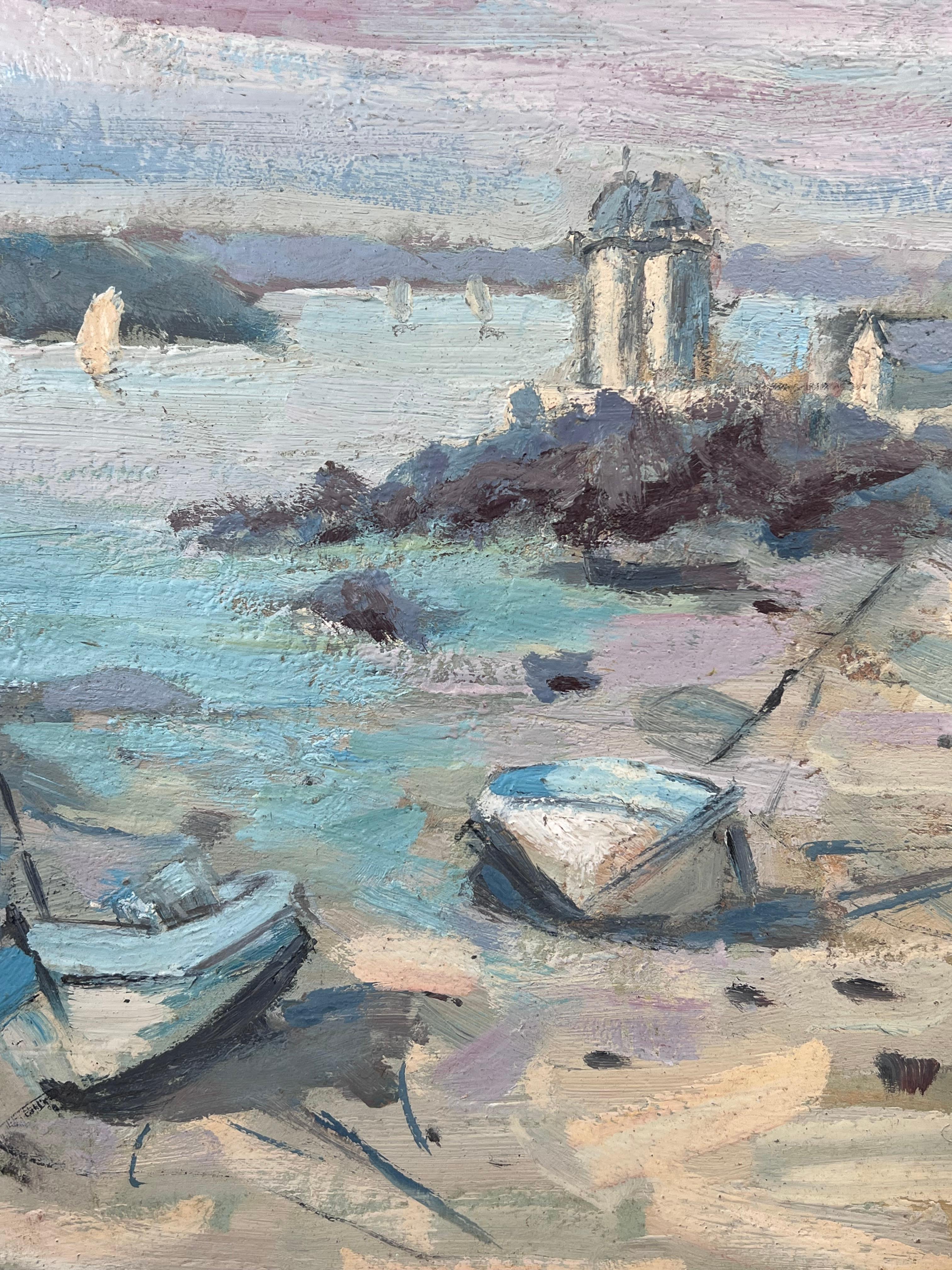 Angedockte Boote in einem sandigen Hafen Sonnenuntergang Strand Französisch Ölgemälde im Angebot 2
