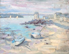 Barche attraccate in un porto sabbioso Tramonto sulla spiaggia Pittura ad olio francese