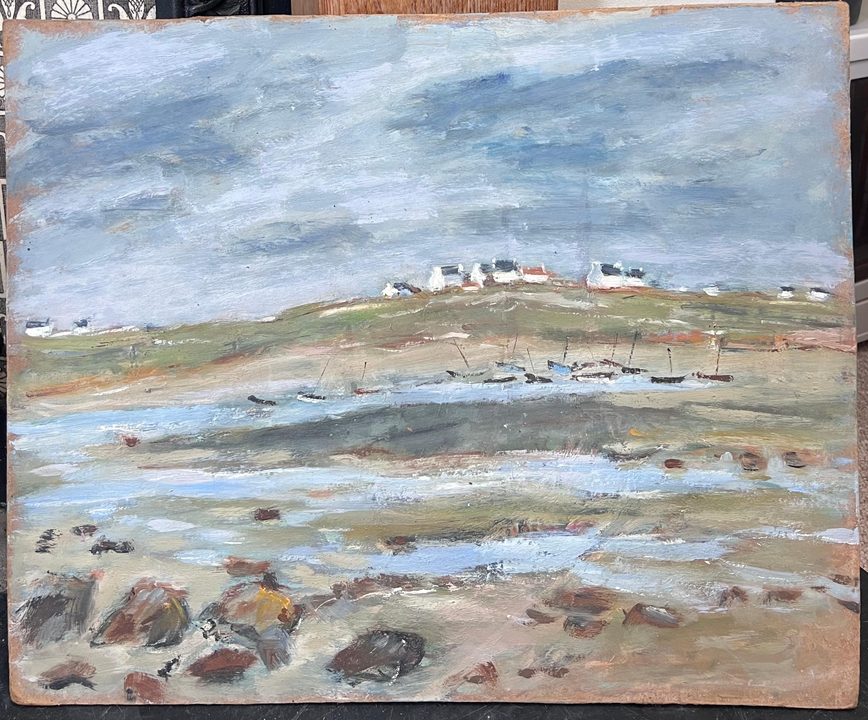 Rivage sec avec voiliers à quai lointains Paysage français Peinture à l'huile - Painting de Fanch Lel
