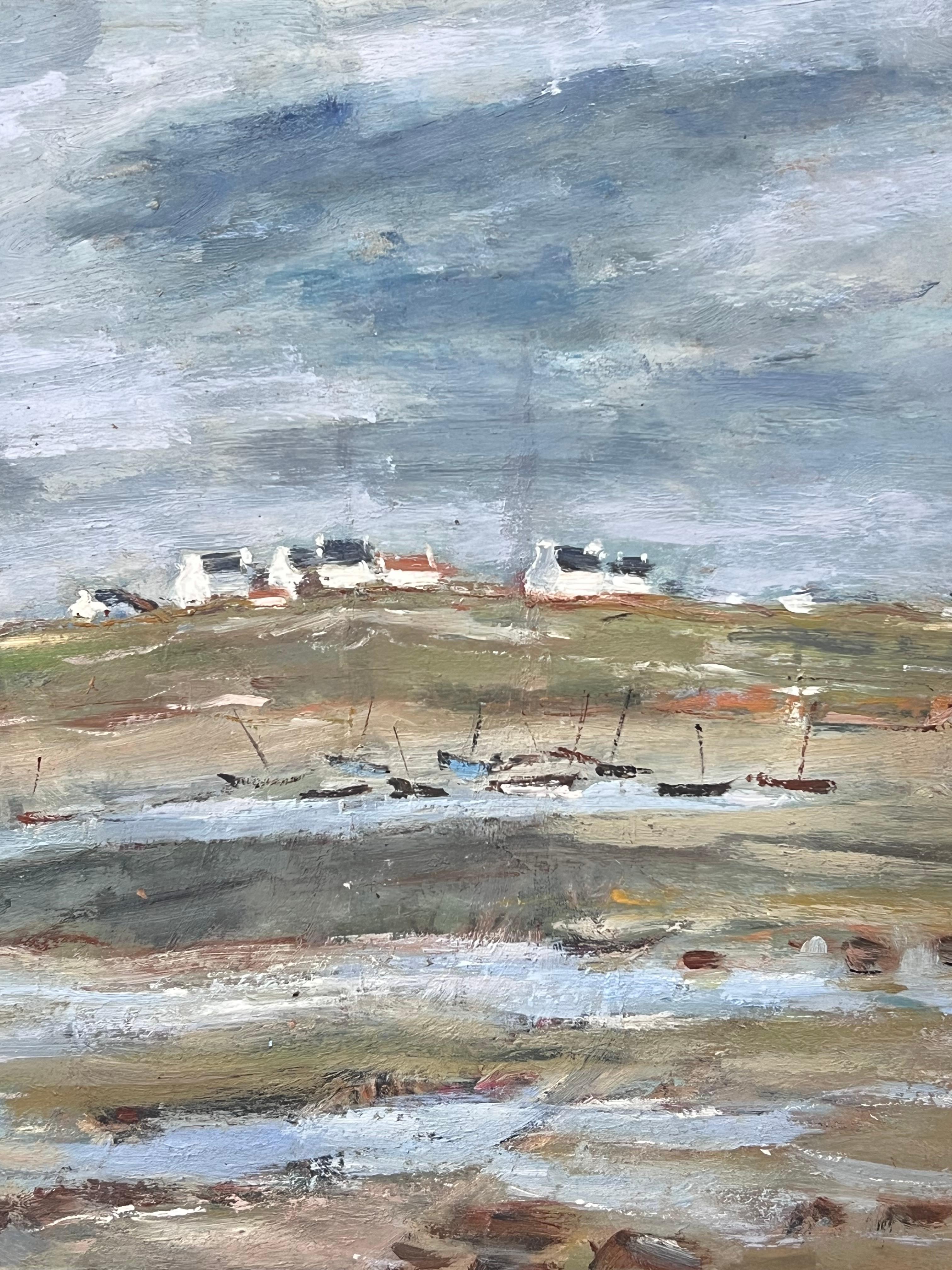 Rivage sec avec voiliers à quai lointains Paysage français Peinture à l'huile - Impressionnisme Painting par Fanch Lel