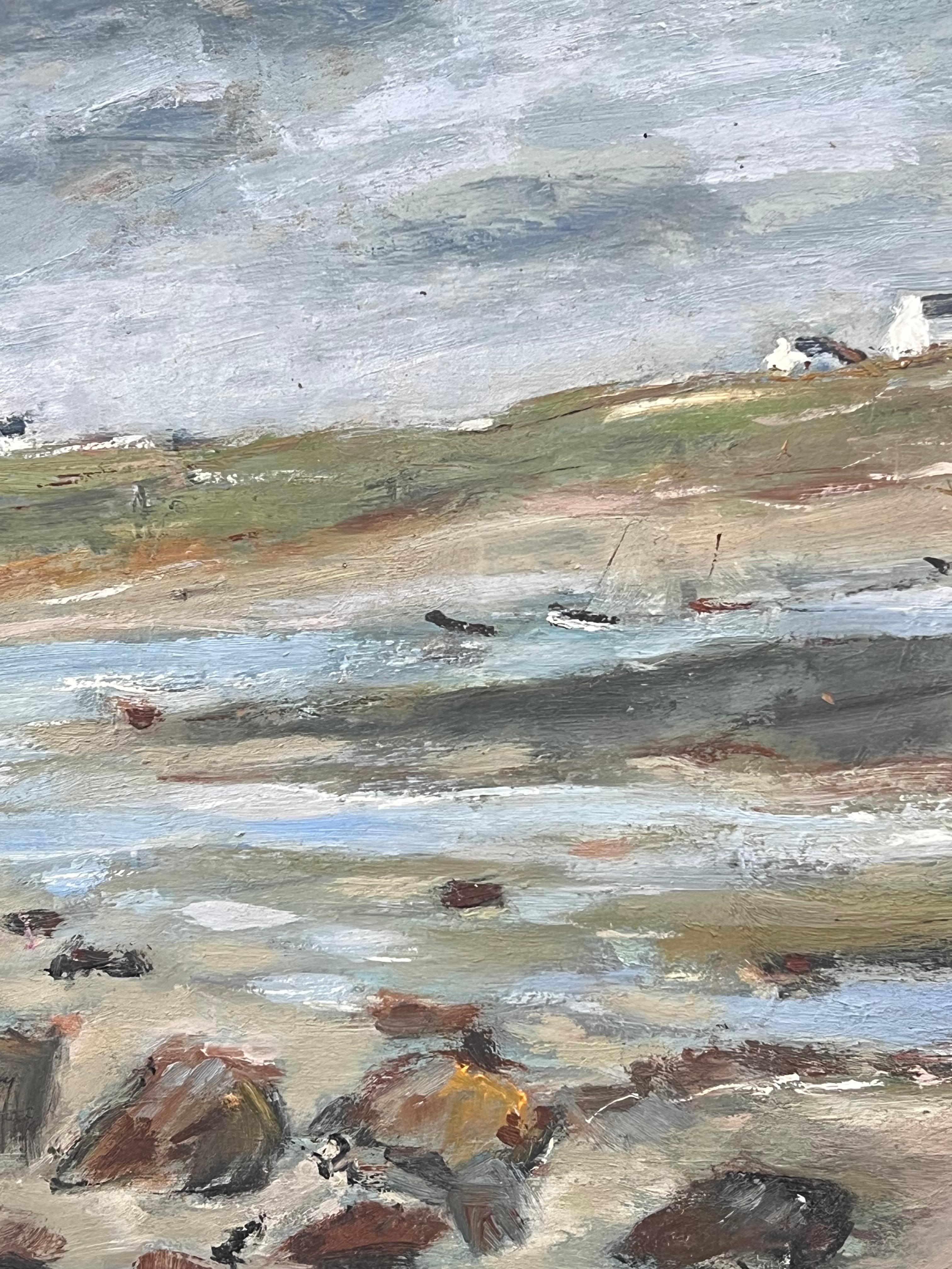 Rivage sec avec voiliers à quai lointains Paysage français Peinture à l'huile - Gris Landscape Painting par Fanch Lel