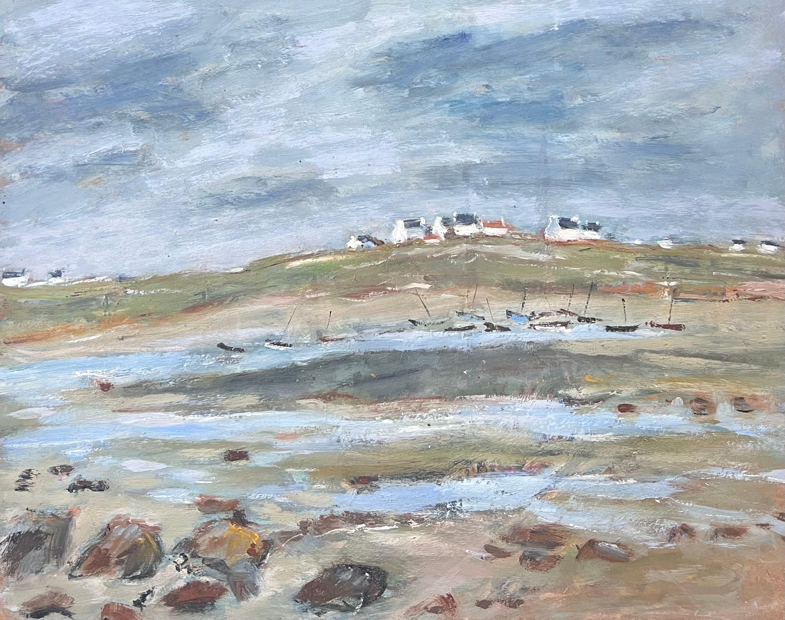 Landscape Painting Fanch Lel - Rivage sec avec voiliers à quai lointains Paysage français Peinture à l'huile