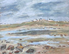 Rivage sec avec voiliers à quai lointains Paysage français Peinture à l'huile
