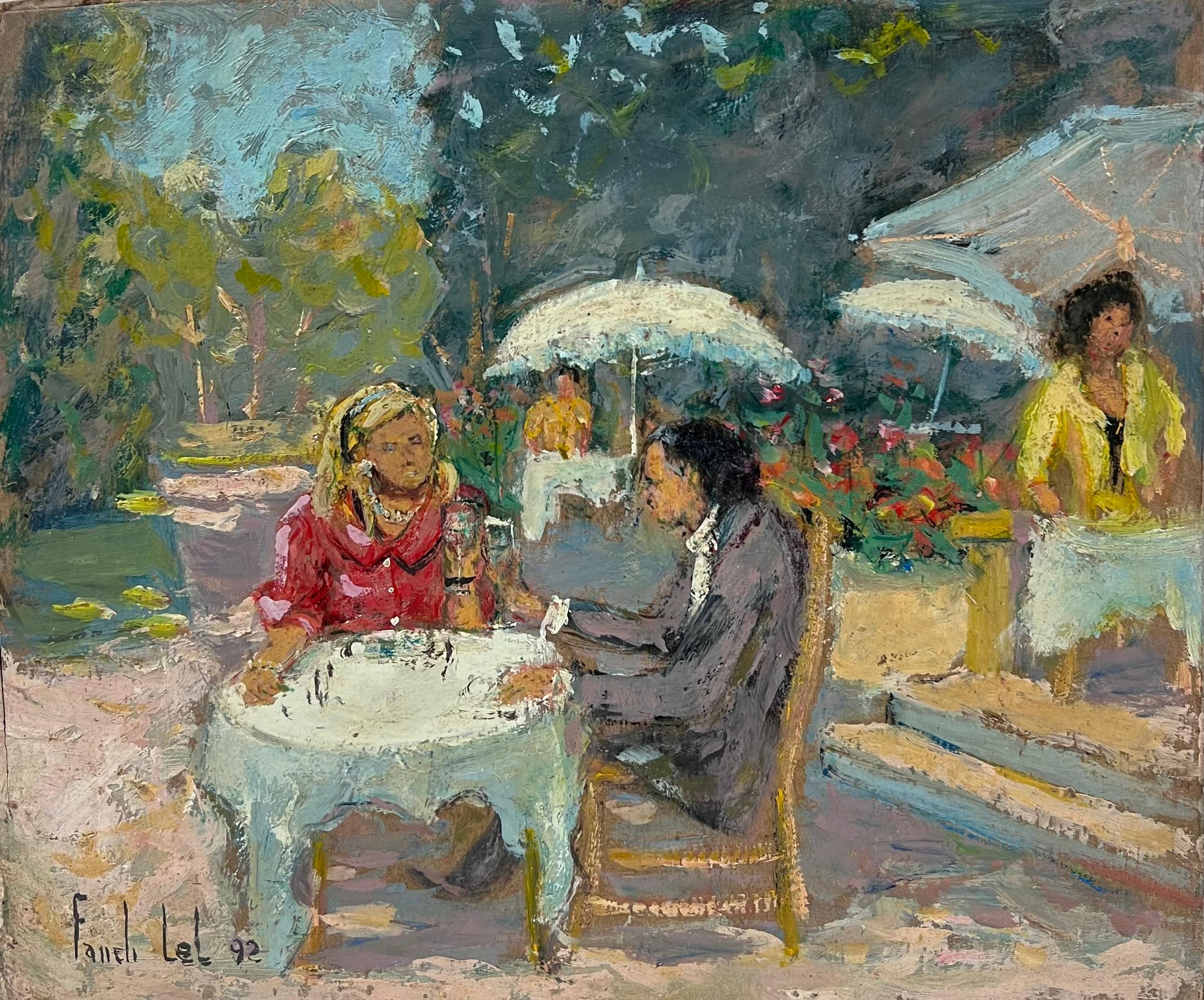 Elegante pareja en un café del jardín francés en verano Pintura al óleo - Painting de Fanch Lel