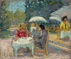 Eleganza di una coppia in una giornata estiva francese nel giardino di un caffè Pittura ad olio
