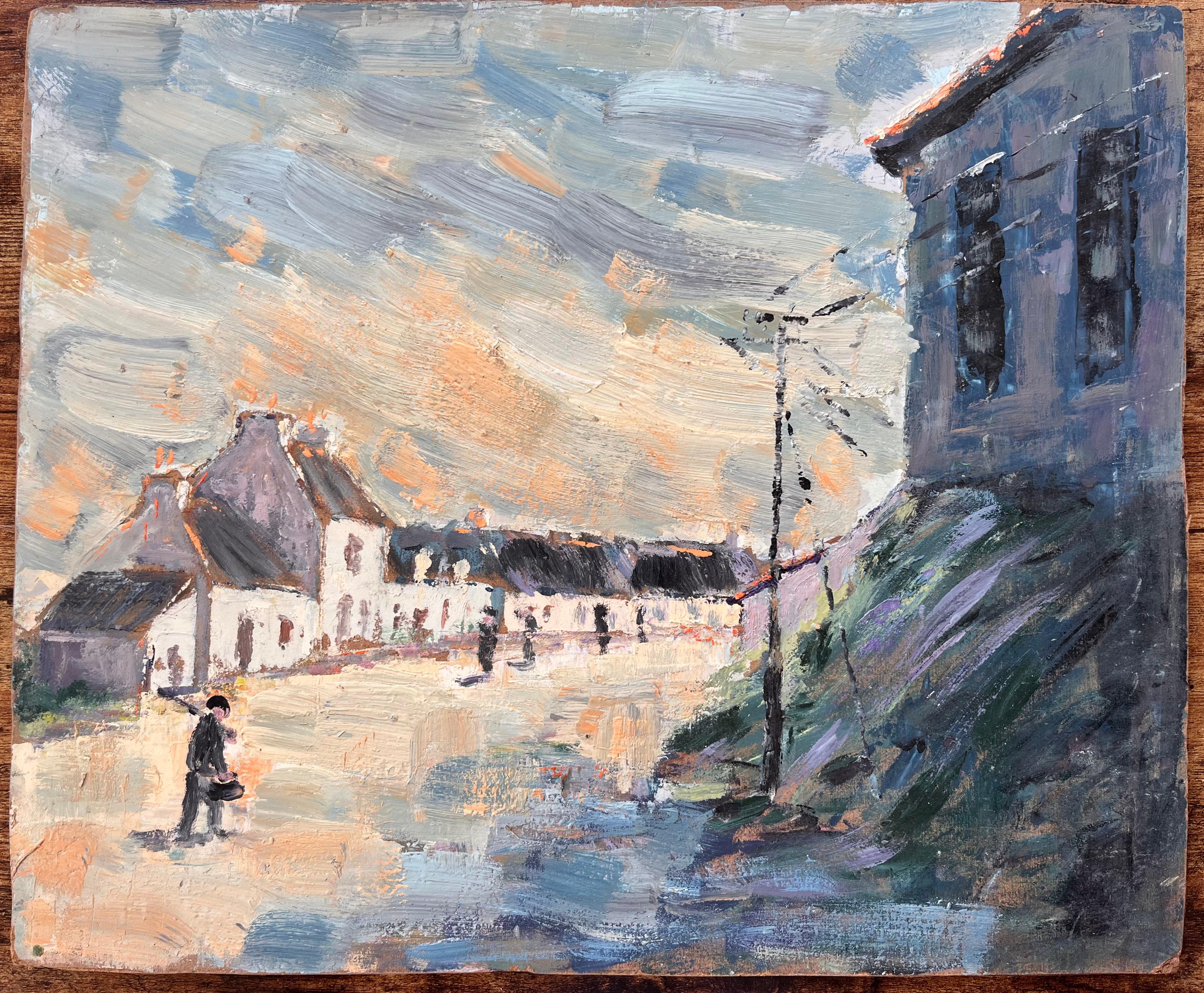 Abend Schatten in einer Dorfstraßensszene, impressionistisches Gemälde – Painting von Fanch Lel