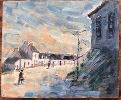 Evening Shadows in a Village Street Scene Impressionist Painting