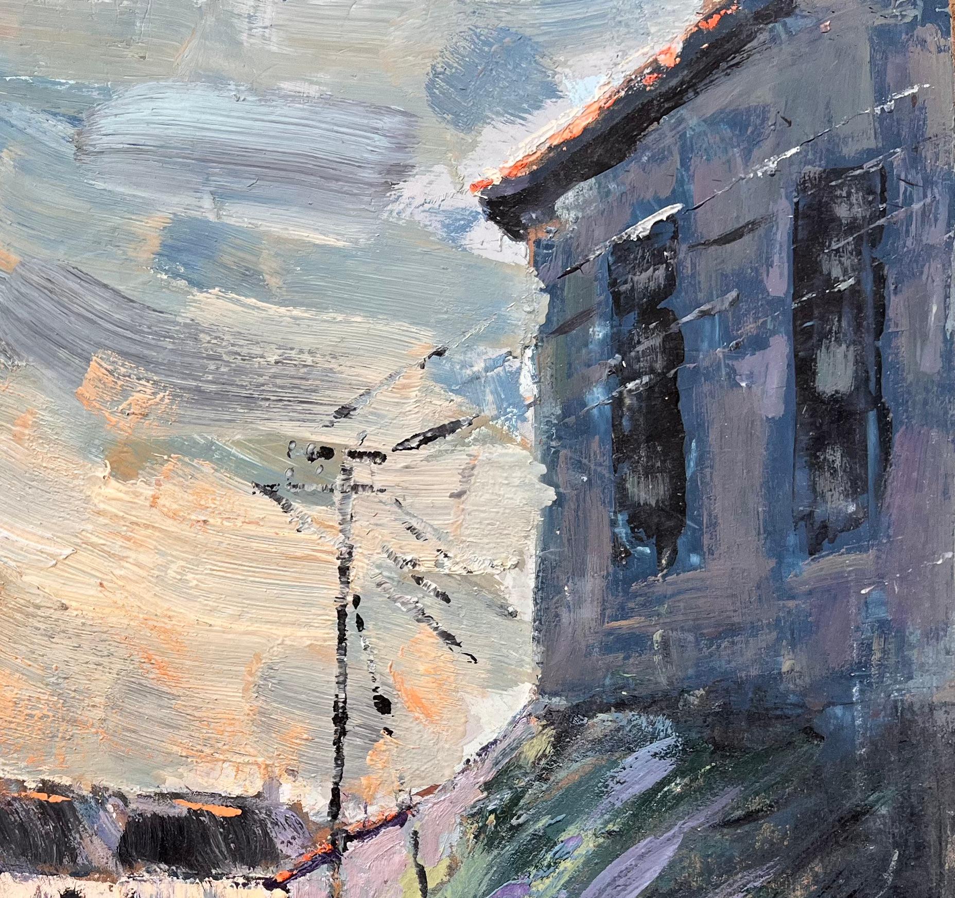 Abend Schatten in einer Dorfstraßensszene, impressionistisches Gemälde (Grau), Abstract Painting, von Fanch Lel