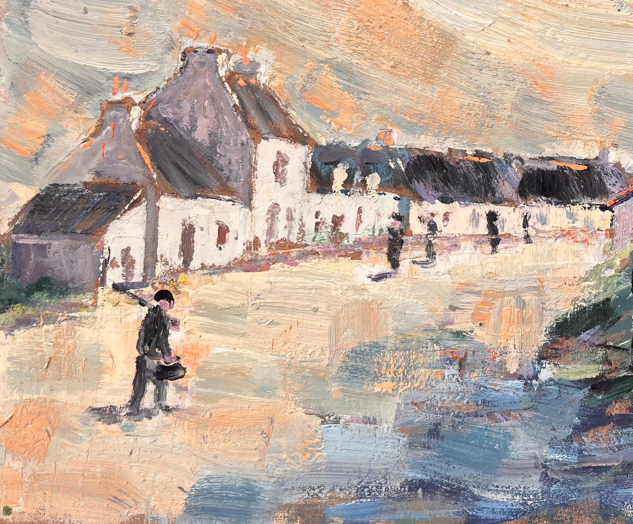 Titel: Abendschatten in einer dörflichen Straßenszene Impressionistische Malerei
Von Fanch Lel
Größe: 15,25 x 18,25 Zoll (Höhe x Breite)
Ölgemälde auf Karton, ungerahmt
Zustand: Das Gemälde ist in gutem Zustand mit ausdrucksstarker Textur; leichte