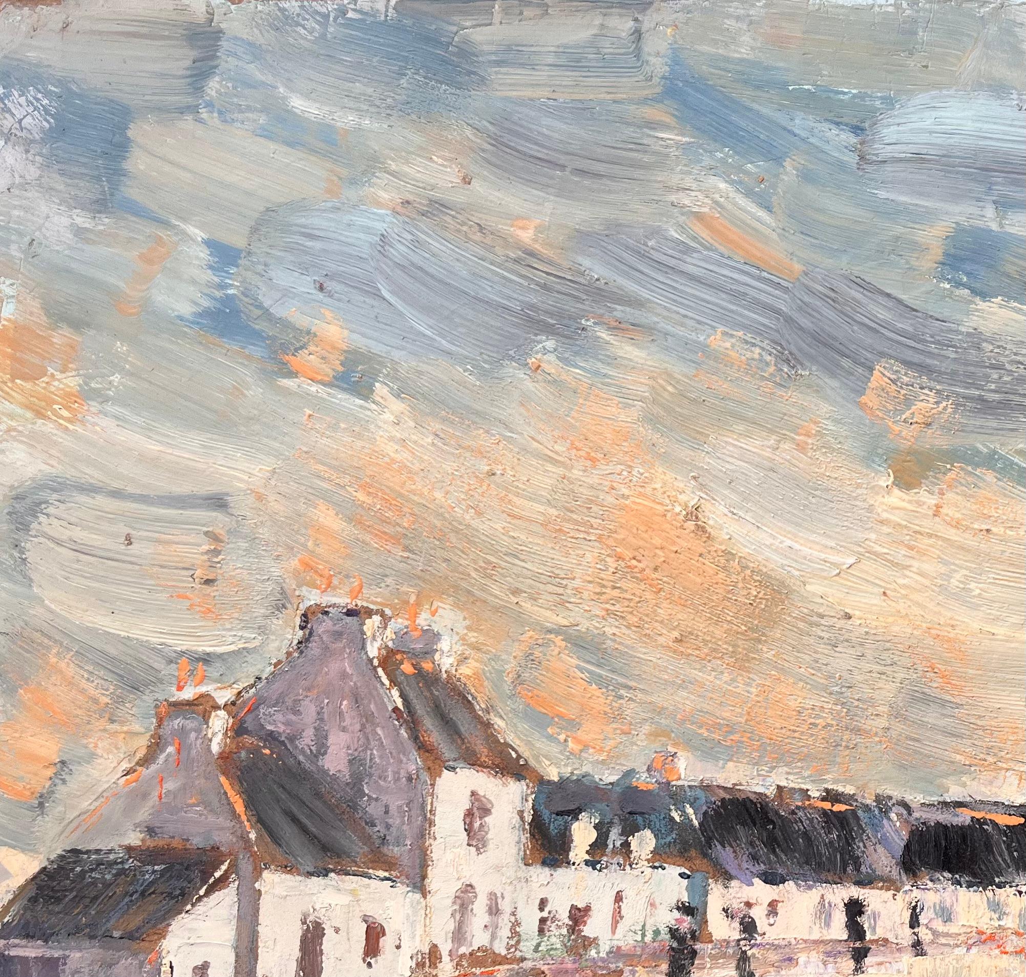 Abend Schatten in einer Dorfstraßensszene, impressionistisches Gemälde im Angebot 1