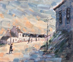Vintage Evening Shadows in a Village Street Scene Impressionist Painting
