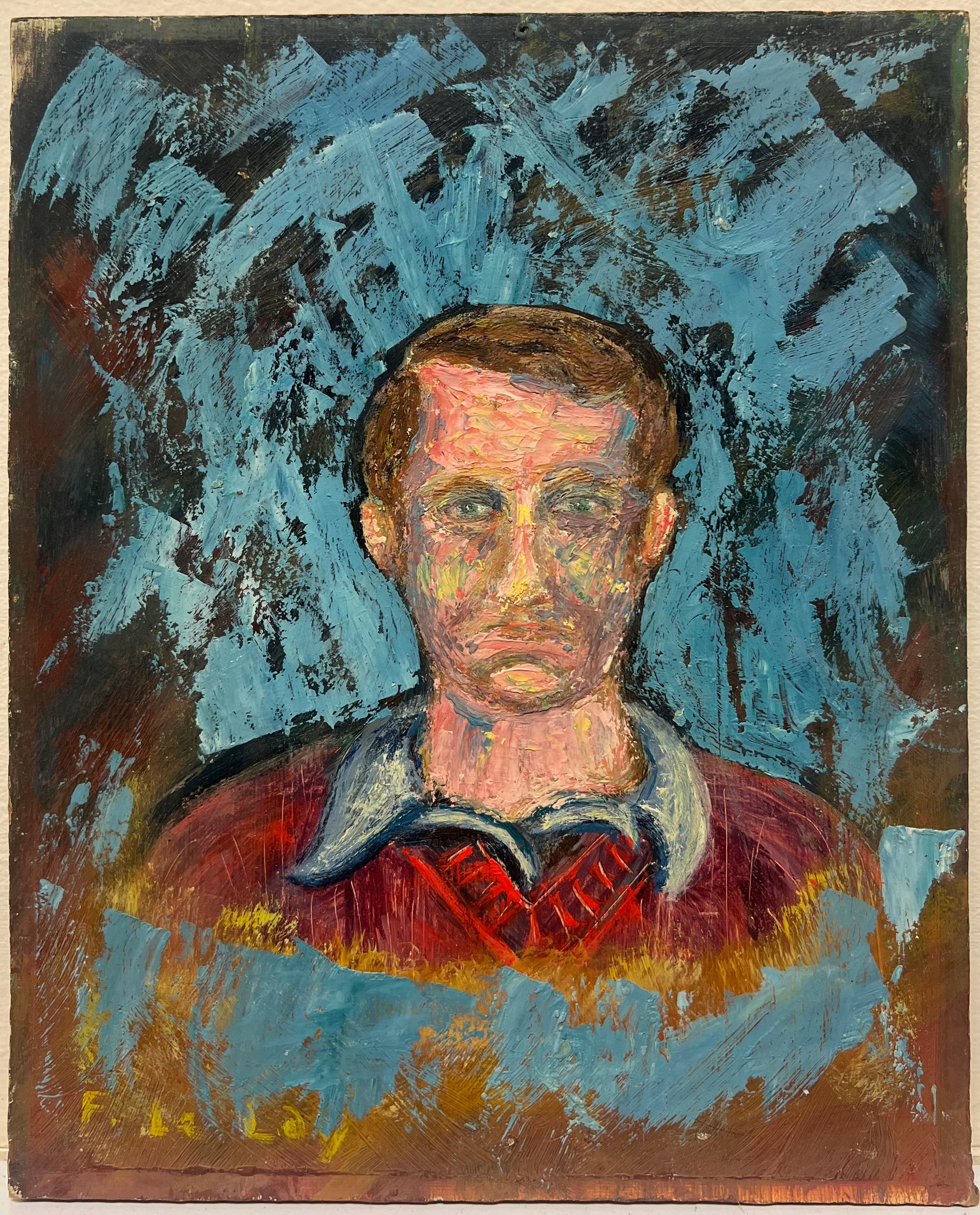 Expressionist Portrait of a Man in a Red Sweater Against a Bold Blue Abstract - Painting by Fanch Lel