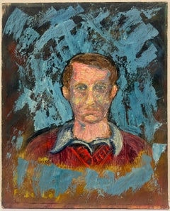 Expressionist Portrait of a Man in a Red Sweater Against a Bold Blue Abstract