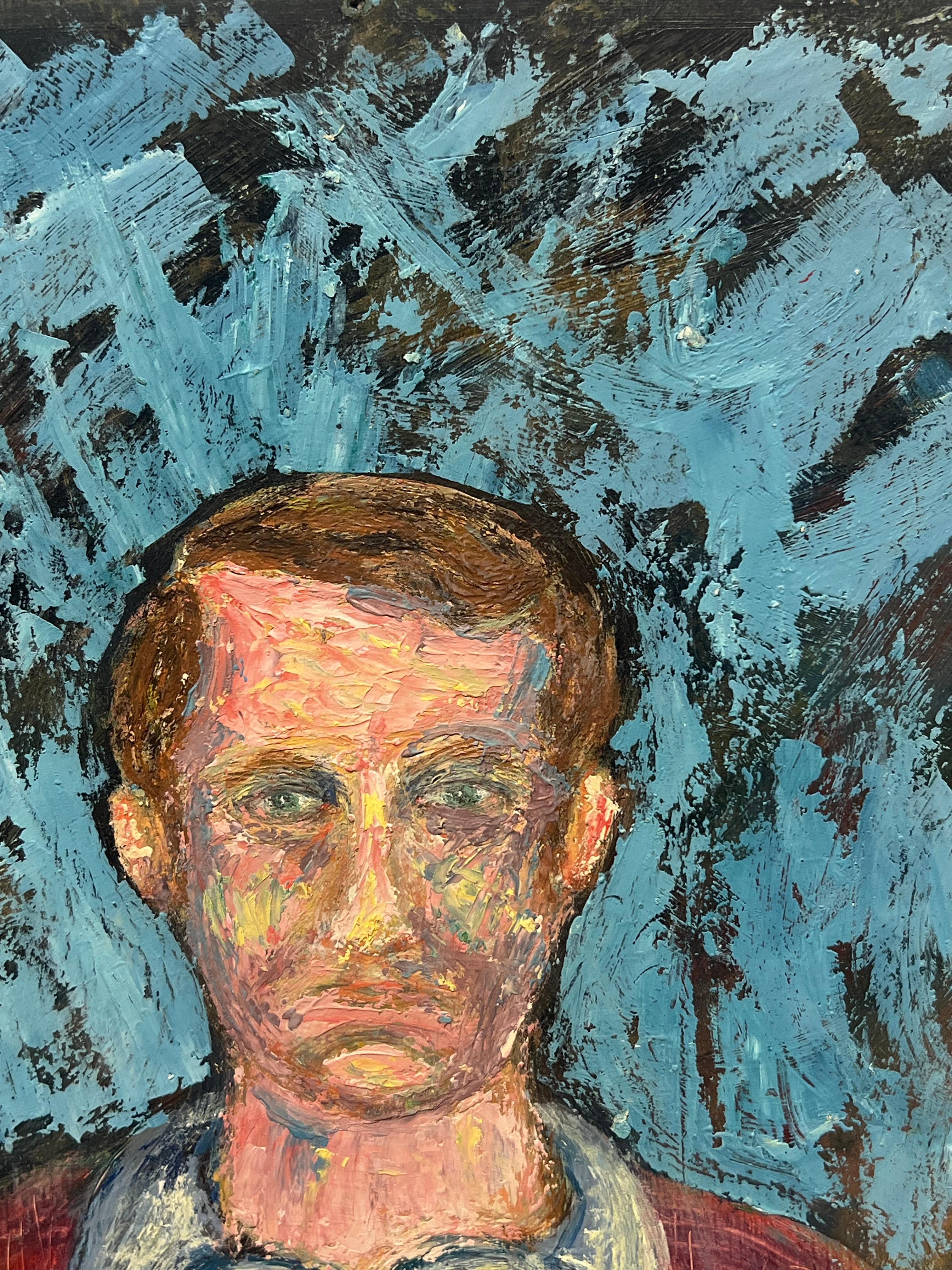 Expressionist Portrait of a Man in a Red Sweater Against a Bold Blue Abstract - Impressionist Painting by Fanch Lel