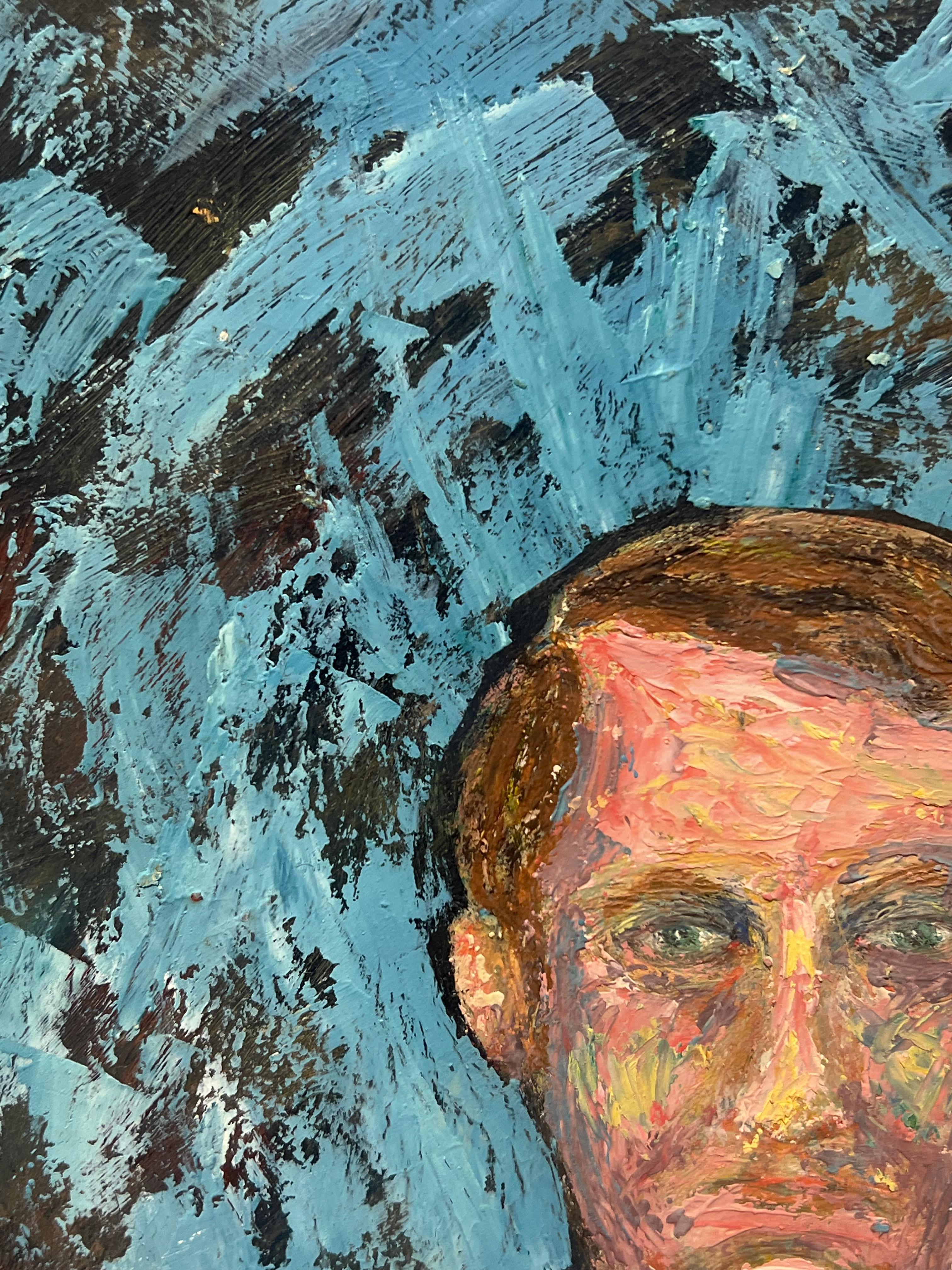 Expressionist Portrait of a Man in a Red Sweater Against a Bold Blue Abstract - Gray Portrait Painting by Fanch Lel