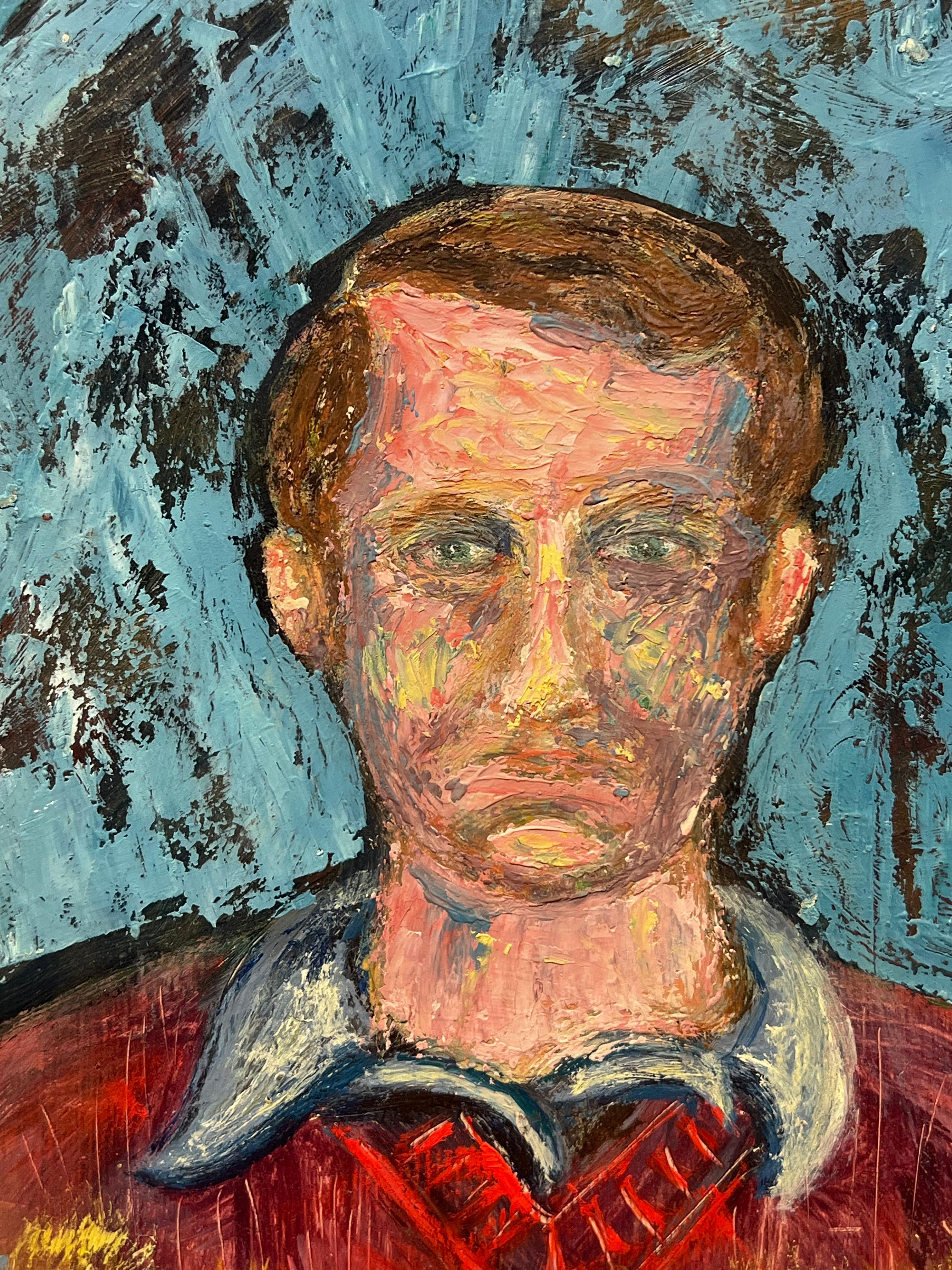Portrait of a Man
signed by Fanch Lel (French b. 1930)
size: 10.75 x 9 inches
oil painting on board, unframed
condition: the painting is in very good condition. It has previously been stored in the artists studio. 

Description: 
This painting is a