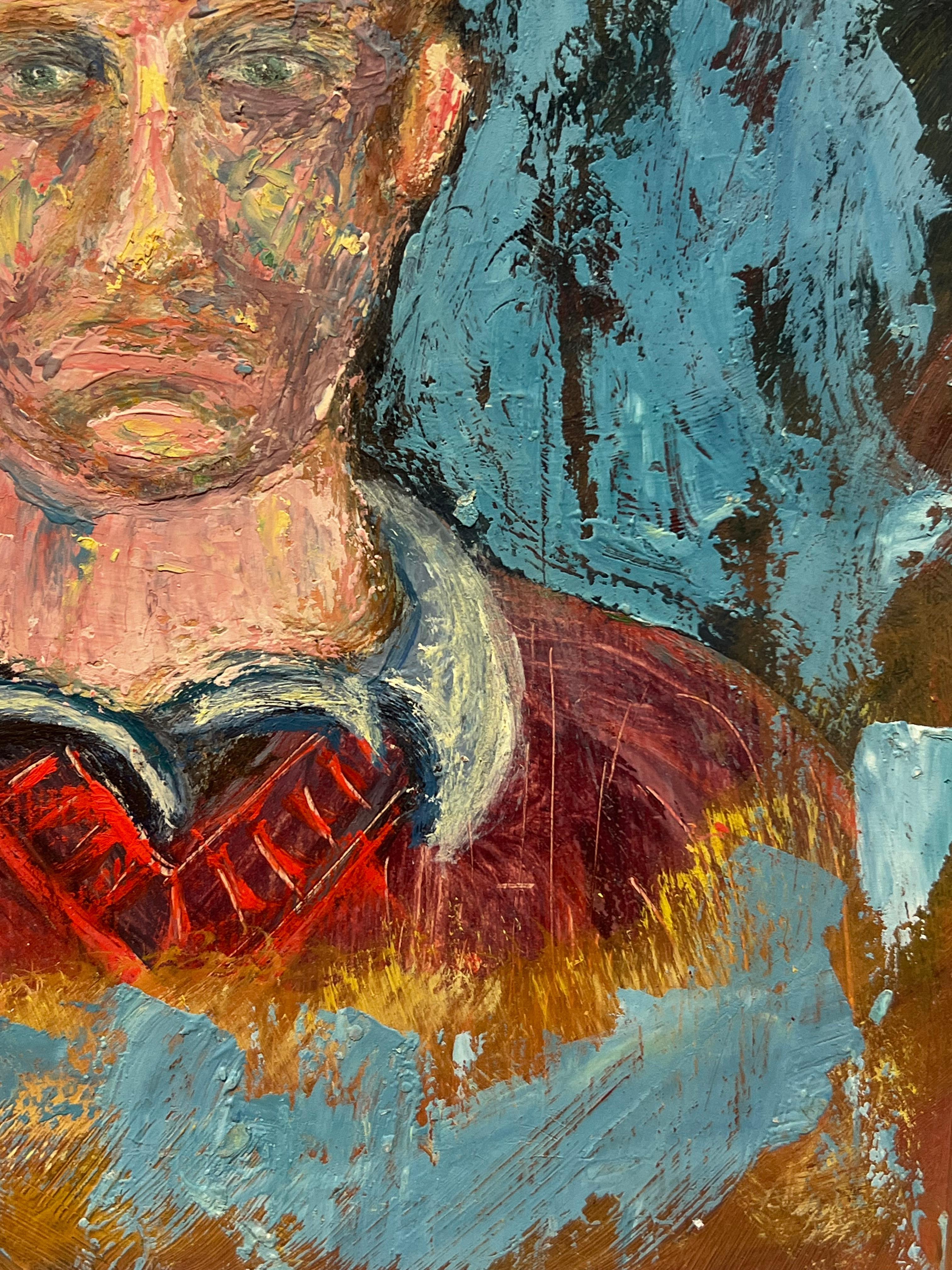 Expressionist Portrait of a Man in a Red Sweater Against a Bold Blue Abstract For Sale 1