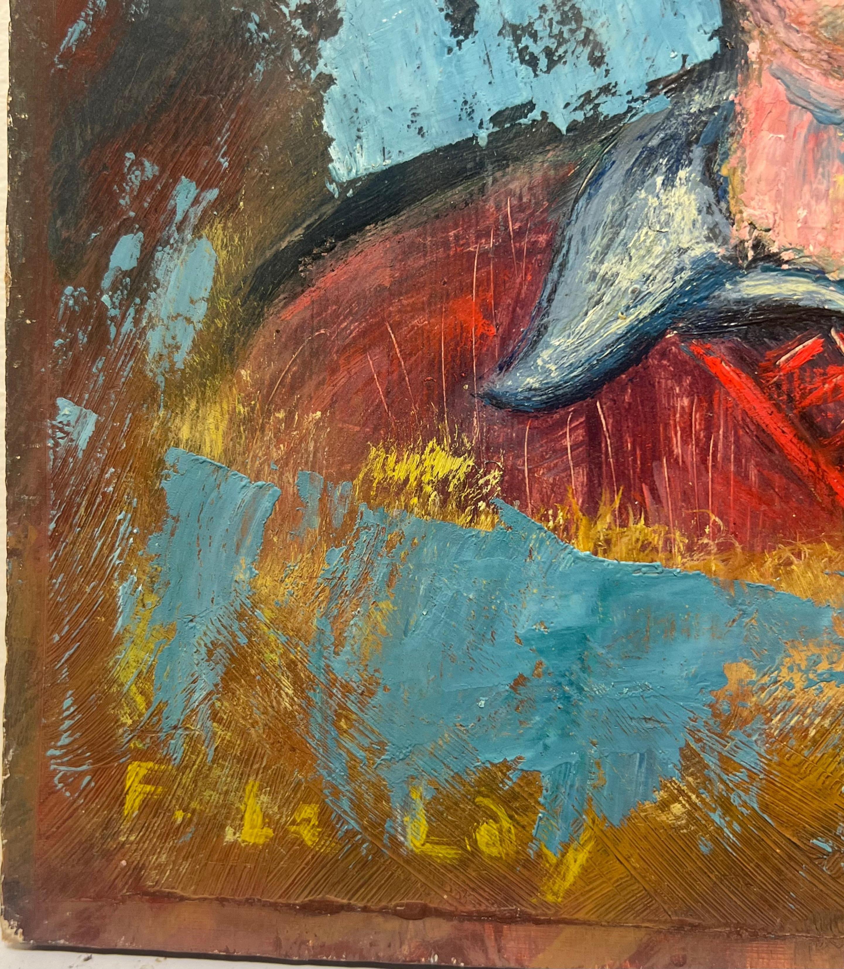Expressionist Portrait of a Man in a Red Sweater Against a Bold Blue Abstract For Sale 2