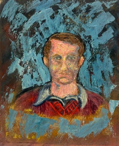 Expressionistisches Porträt eines Mannes in einem roten Pullover gegenüber einem kühnen Blau abstrakten