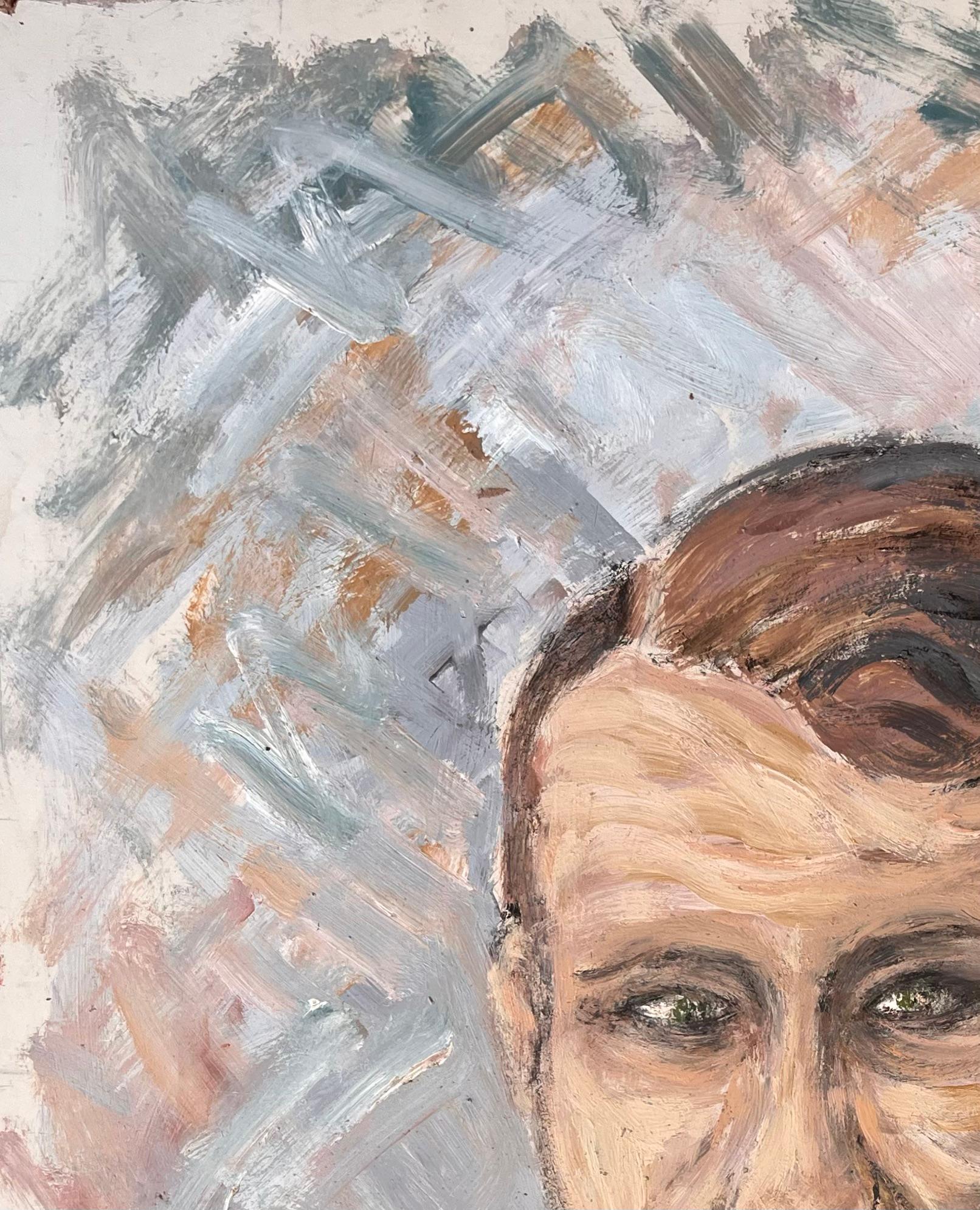 Title: Expressionist Portrait of a Man with Piercing Eyes and Bold Brushwork
By Fanch Lel
Size: 21.25 x 19.25 inches (height x width)
Oil painting on board, unframed
Condition: The painting is in good condition with minor signs of wear and handling