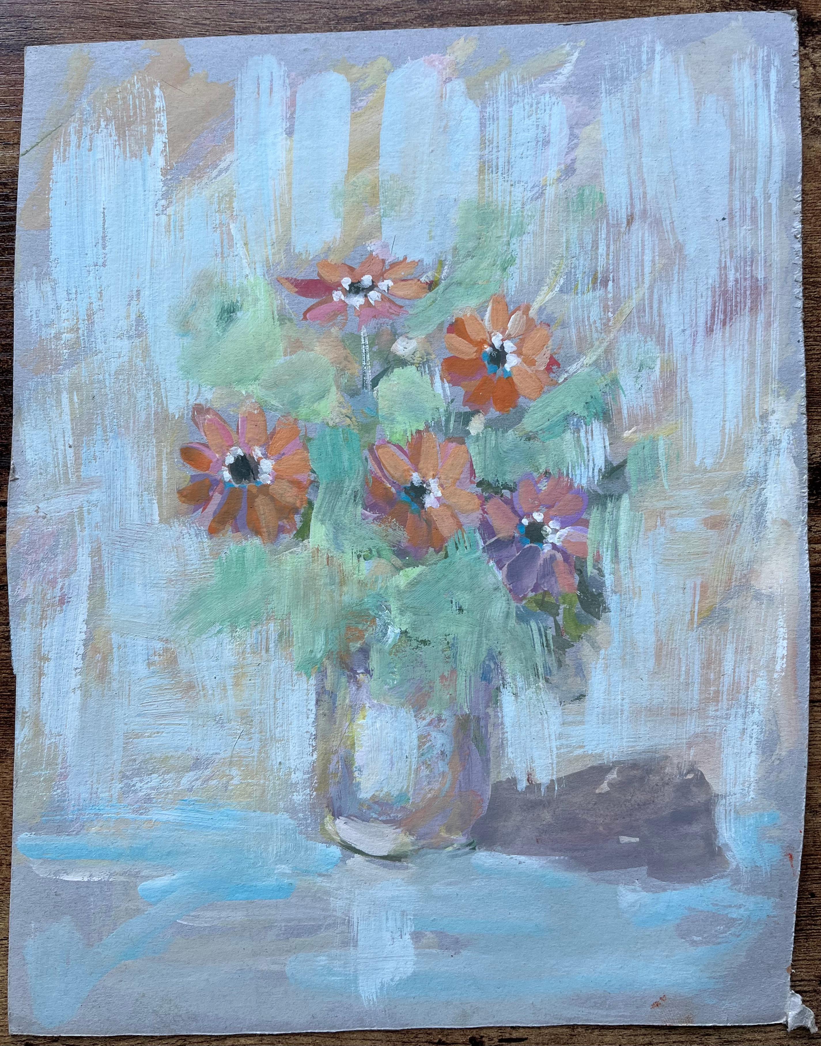 Expressive französische Ölszene mit Wildblumen in einem Glas von Fanch Lel, Stillleben im Angebot 1