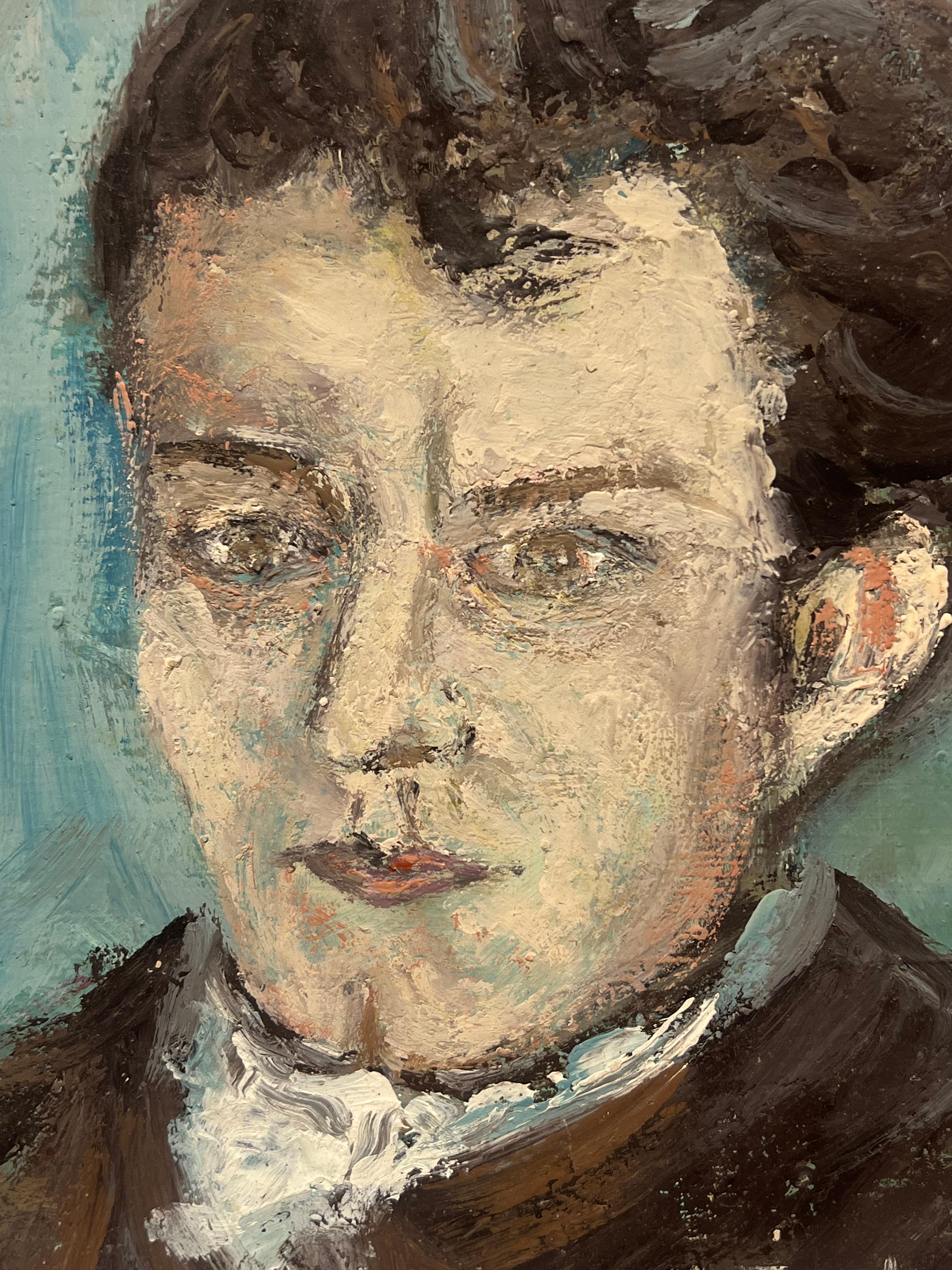 Retrato expresivo de un caballero con gabardina
firmado por Fanch Lel (francés, 1930)
Tamaño: 10,5 x 9 pulgadas
óleo sobre tabla, sin enmarcar
estado: el cuadro está en muy buen estado. Antes estaba guardado en el estudio del artista. 

Procedencia: