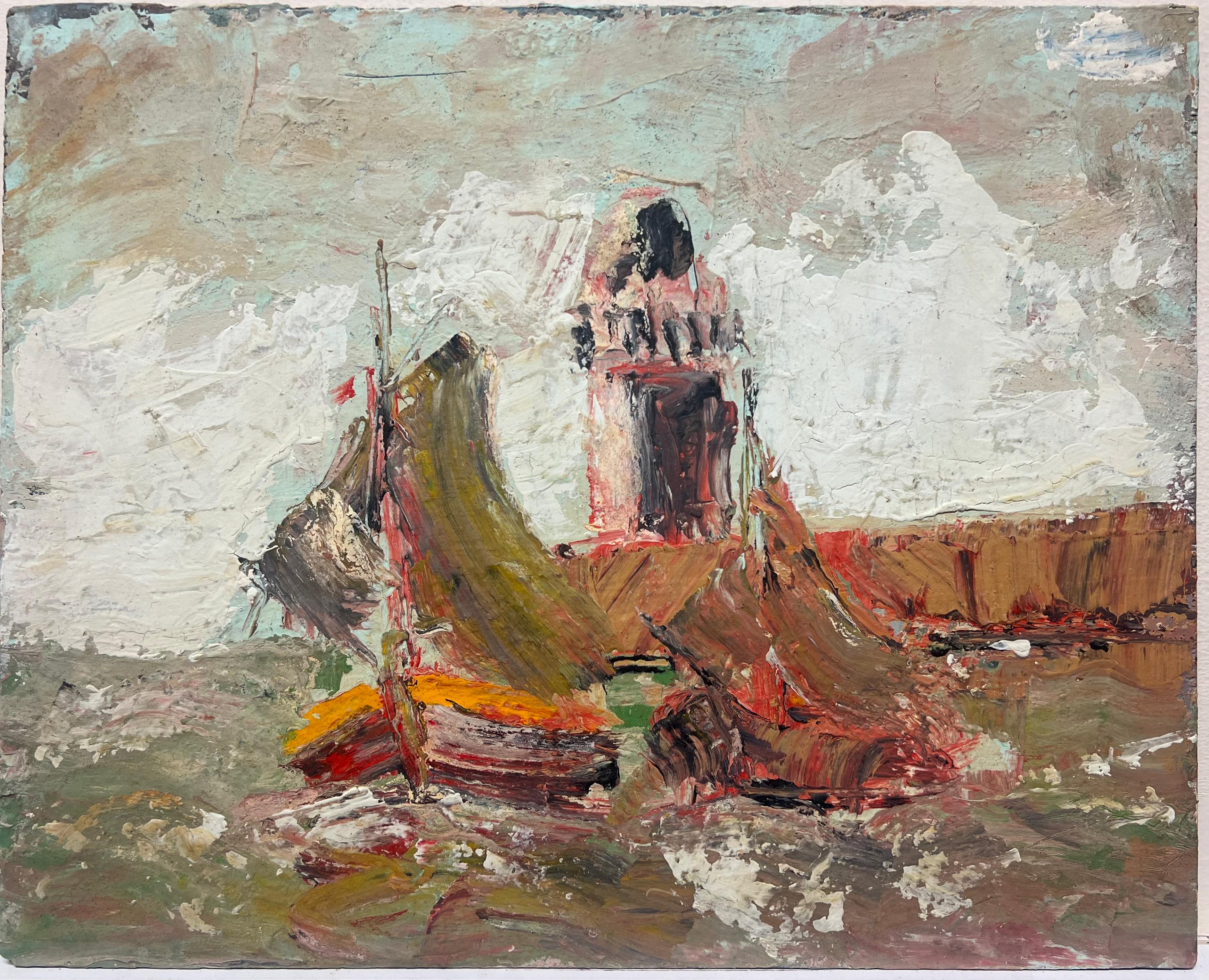 Expresivo paisaje marino con barcos de vela Escena costera en grueso impasto Bretaña - Painting de Fanch Lel